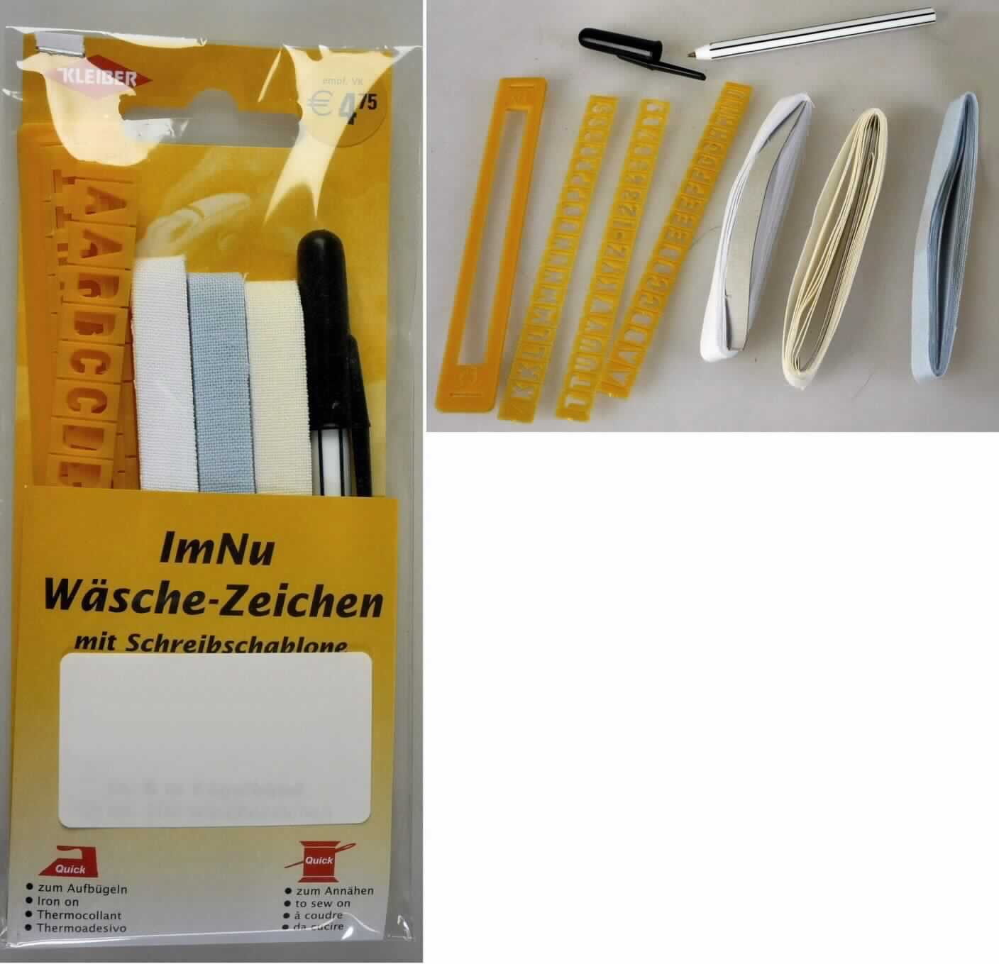 Wäschemarkierer-Set, Foto siehe Anlage,
- Warenzusammenstellung, bestehend aus drei Bügelbändern, einer Schablone und einem Stift,
- gemeinsam auf einem Pappetikett aufgebracht und in einem Polybeutel für den Einzelverkauf aufgemacht und zur 
  Befriedigung eines speziellen Bedarfs zusammengestellt,
- Bügelbänder:
-- als Meterware; mit einer Breite von ca. 1 cm,
-- in drei verschiedenen Farben vorliegend,
-- an den Längskanten lediglich geschnitten (ohne Webkanten, daher kein Band der Position 5806),
-- lt. Untersuchungsergebnis:
--- aus einem bedruckten Gewebe aus Baumwolle in Leinwandbindung,
--- mit einem Quadratmetergewicht von 142 g,
--- nicht auf Handwebstühlen hergestellt,
--- nicht nach dem Batik-Verfahren handbedruckt,
-- einseitig im Rotationsschablonendruckverfahren mit sog. Schmelzkleberpunkten bestrichen, das Bestreichen mit 
   Kunststoff ist jedoch mit bloßen Auge nicht wahrnehmbar (damit keine Meterware der Position 5903),
- Schablone: 
-- rechteckig; ca. 14 cm lang und ca. 1,2 cm breit,
-- aus Kunststoff,
-- als Rahmen gearbeitet, in die drei unterschiedliche Schienen mit den ausgestanzten Großbuchstaben des 
   Alphabets von A bis J bzw. von K bis S bzw. von T bis Z sowie die ausgestanzen Zahlen von 1 bis 9 eingesetzt 
   werden können,
- Kugelschreiber:
-- mit einem sechseckigen, blau-schwarzem Gehäuse und einer schwarzen Kunststoffkappe mit Halteclip,
-- mit einer Länge von ca. 12 cm und einem Durchmesser von ca. 0,7 cm,
-- mit einer nicht auswechselbaren Mine, die mit schwarzer Schreibfarbe (pastöse/gelartige Schreibflüssigkeit,
   keine flüssige Tinte) gefüllt ist,
- lt. Antrag sollen die "Bänder" mit dem Kugelschreiber und mit Hilfe der Schablone beschriftet und anschließend 
  auf Kleidungsstücke aufgebügelt werden,
- insbesondere im Hinblick auf den Verwendungszweck bestimmen die Bügelbänder den Charakter der 
  Warenzusammenstellung.

"Gewebe aus Baumwolle, mit einem Anteil an Baumwolle von mehr als 85 GHT und einem Quadratmeter-
 gewicht von weniger als 200 g, bedruckt, in Leinwandbindung, mit einem Quadratmetergewicht von mehr
 als 100 g, nicht auf Handwebstühlen hergestellt, nicht nach dem Batik-Verfahren handbedruckt"