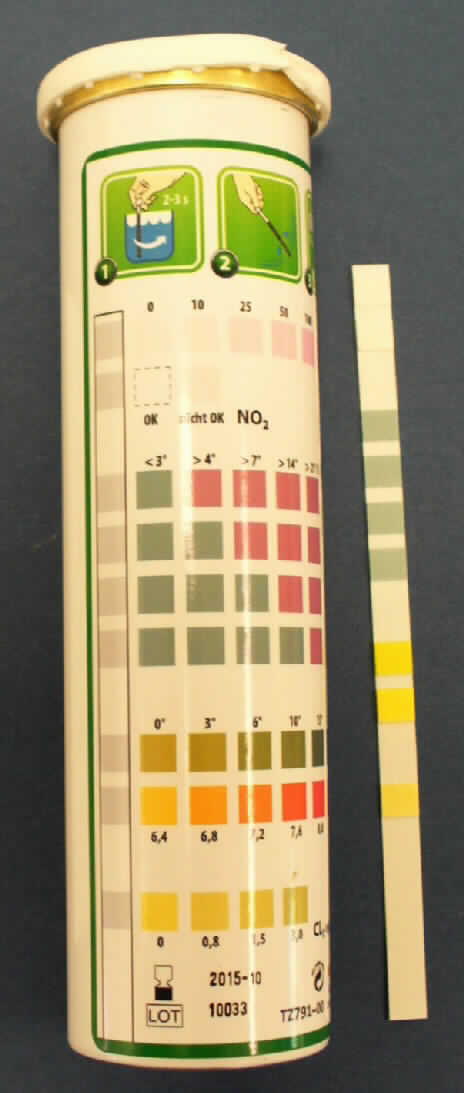 Teststreifen

Angaben:
Schnelltest zur Messung der sechs wichtigsten Werte (Gesamthärte, Carbonathärte, Nitrat, Nitrit, pH, Chlor) von Teichwasser. 

Feststellungen:
In einer etikettierten Metalldose befinden sich ca. 50 Teststreifen (Länge: ca. 12 cm), die jeweils neun Testfelder aufweisen. Nach dem Benetzen der Testfelder mit Wasser zeigen diese Färbungen, die mit den Skalen auf dem Etikett verglichen werden können.

Befund:
Diagnostik- oder Laborreagenz auf einem Träger