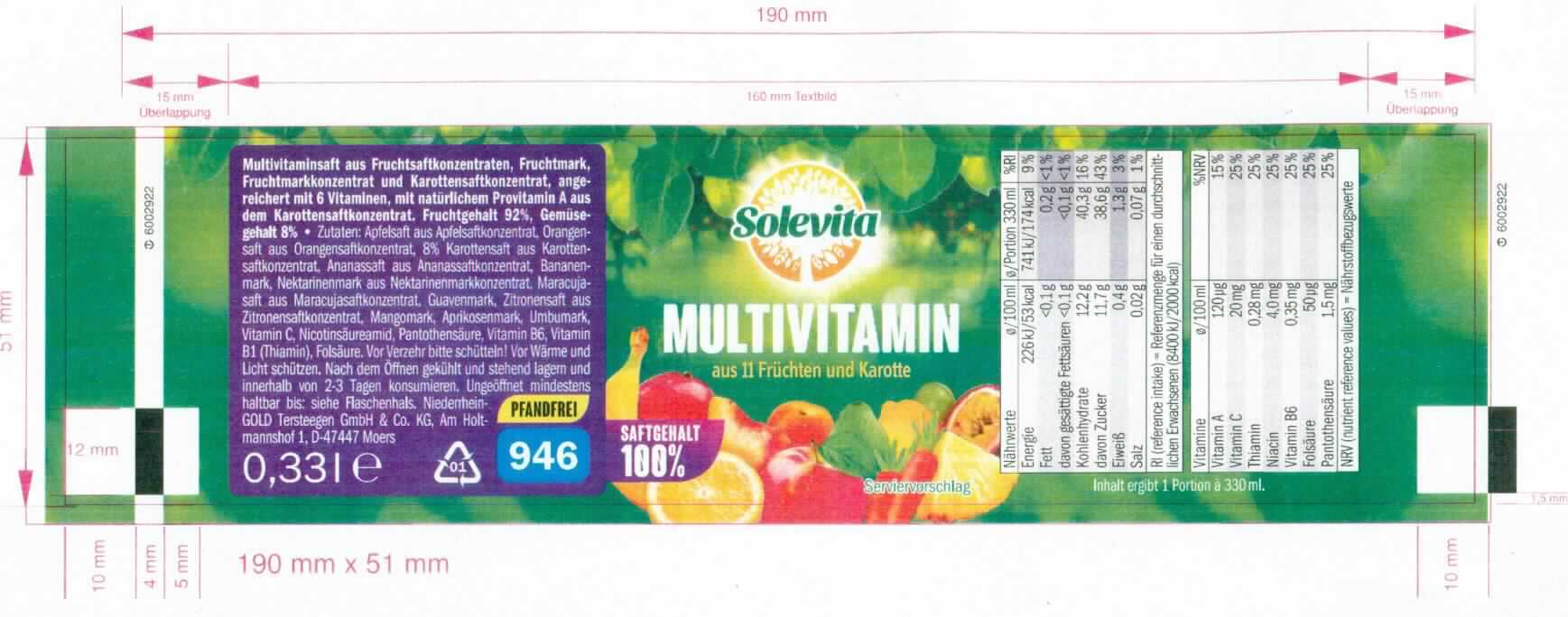 Multivitaminsaft.

Antragsangaben (als zutreffend unterstellt): Multivitaminsaft aus Fruchtsaftkonzentraten, Fruchtmark, Fruchtmarkkonzentrat und Karottensaftkonzentrat, angereichert mit 6 Vitaminen und natürlichem Provitamin A aus dem Karottensaftkonzentrat. Zutaten: Apfelsaft, Orangensaft, Karottensaft, Ananassaft, Bananenmark, Nektarinenmark, Maracujasaft, Guavenmark, Zitronensaft, Mangomark, Aprikosenmark, Umbumark, Vitaminmix. Wert der Ware: mehr als 30 Euro für 100 kg Eigengewicht.

Etikettangaben, auszugsweise: "Nettoinhalt: 330 ml, Gehalt an Kohlenhydraten: 12,2 g/100 ml, Gehalt an Vitaminen: Vitamin A: 15 %NRV, Vitamin C, Thiamin, Niacin, Vitamin B6, Folsäure, Pantothensäure: je 25 %NRV."
Zugesetzter Zucker im Sinne der ZAnm 5a) zu Kap 20: nicht enthalten.

Fruchtsäfte (einschließlich Traubenmost) und Gemüsesäfte, nicht gegoren, ohne Zusatz von Alkohol, auch mit Zusatz von Zucker oder anderen Süßmitteln, andere als in den UPos 2009 1111 bis 2009 9051 der KN genannt, andere.