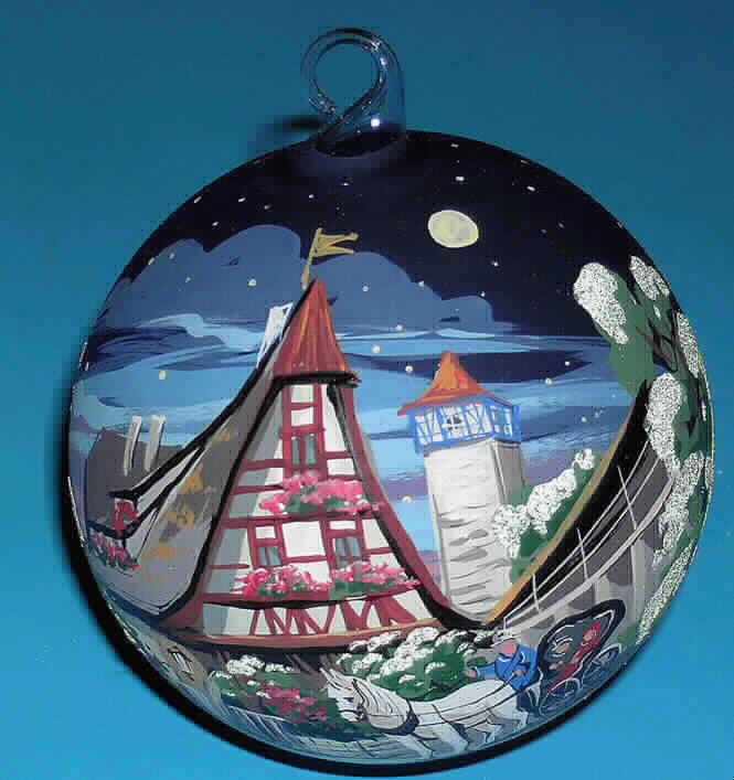 Ziergegenstand aus lampengeblasenem (gesponnenem) Glas, sog. Glaskugel
"Rothenburg ob der Tauber", Art. 770-051, Foto siehe Anlage, 
- Hohlkugel aus lt. Antrag lampengeblasenem Glas; mit einer Aufhängevorrichtung, 
- mit einem Durchmesser von ca. 10 cm, 
- mit Motiven (Stadtbild "Rothenburg ob der Tauber") bemalt, 
- zu Dekorationszwecken bestimmt, 
- kein Weihnachtsfestartikel der Position 9505, weil ein Bezug zur Advents- bzw. 
  Weihnachtszeit fehlt.

"Ziergegenstand aus lampengeblasenem (gesponnenem) Glas"