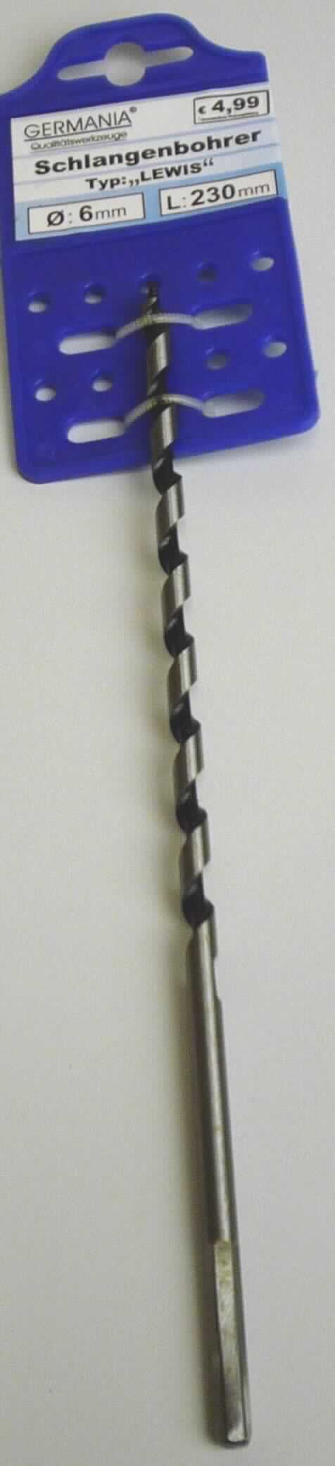 "Schlangenbohrer";

- auswechselbares Werkzeug, vollständig aus unedlem Metall (legierter Werkzeugstahl)

- Länge beträgt ca. 230 mm und der Durchmesser ca. 6 mm

- mit einer Spiralnut und einer Gewindespitze ausgestattet 

- zur Verwendung in handelsüblichen Handbohrmaschinen zur Tieflochbohrung in 
  Weich- und Hartholz

- an einer Aufhängerkarte aus Kunststoff befestigt und zusätzlich in einer Kunststofffolie aufgemacht

Abbildung siehe Anlage.

Derartige Erzeugnisse gehören als "auswechselbare Bohrwerkzeuge zur Verwendung in
Werkzeugmaschinen, mit arbeitendem Teil aus unedlem Metall, für die Holzbearbeitung"
zum TARIC-Code 8207 5090 00.