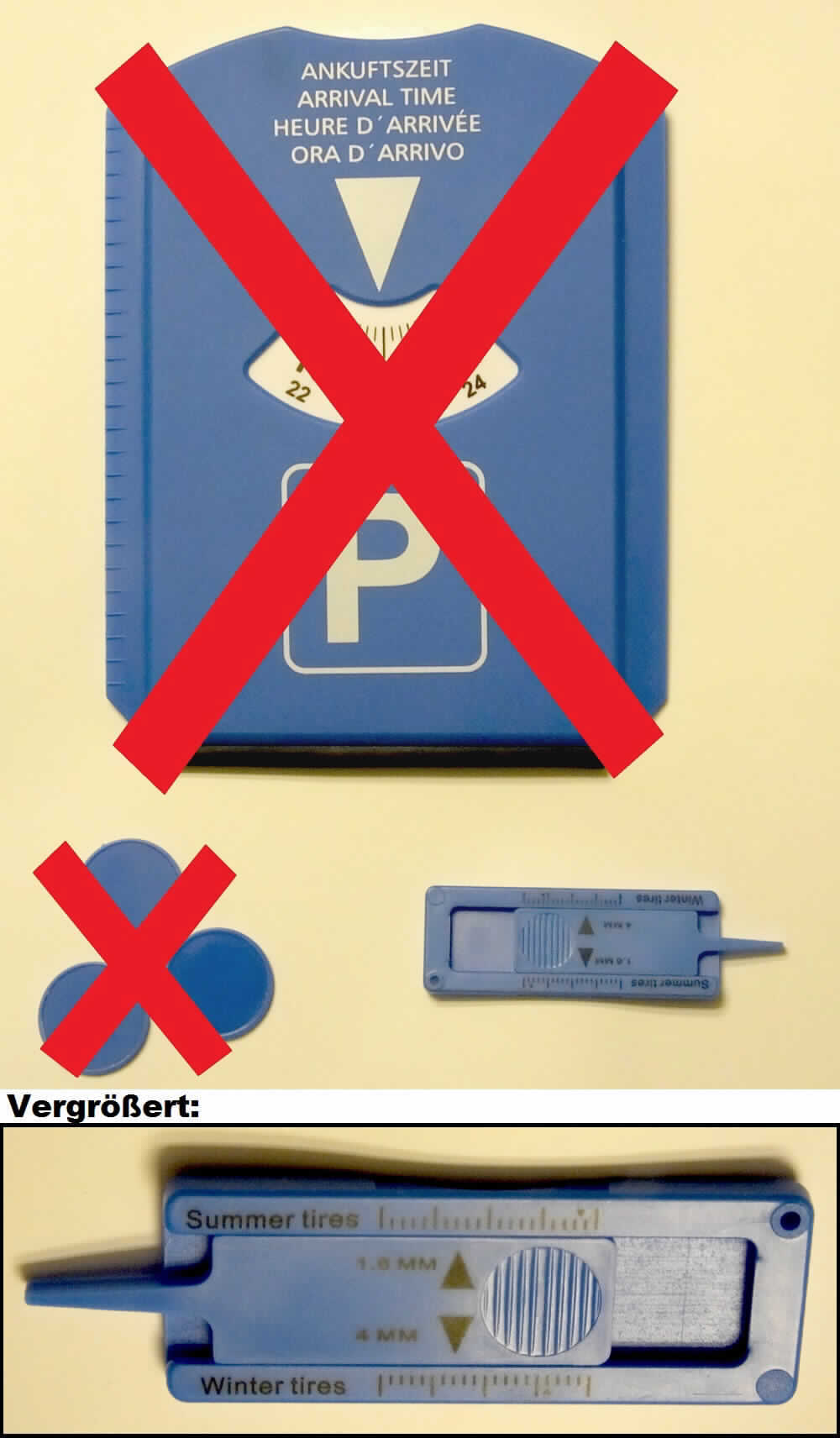 Bei den vorgelegten Waren handelt es sich um sog. Reifenprofil-Prüfer, im Wesentlichen bestehend aus einer mit zwei Messskalen bedruckten Kunststoffschiene (Länge x Breite etwa 6,1 x 2,2 cm) und einem darin integrierten, verschiebbaren Tiefenmesser mit Spitze, aus Kunststoff, der neben zwei Millimeter-skalen zwei Anzeigepfeilen bedruckt ist. Die Ware dient den Messungen der Profiltiefe von Autoreifen. Dabei wird das Messgerät zwischen zwei Profilblöcken angesetzt und die Messspitze bis auf den Profilgrund aus der Kunststoffschiene geschoben. Mittels der Anzeigepfeile auf dem Tiefenmesser kann die Tiefe auf den Skalen der Kunststoffschiene abgelesen werden. Die Ware ist gemeinsam mit drei Einkaufswagenchips (siehe vZTA DE 1333/17-1) an der Rückseite einer Parkscheibe aus Kunststoff (siehe vZTA DE 24915/16-1) befestigt. 

Abbildung siehe Anlage.

Derartige Waren gehören als "Längenmessinstrument für den Handgebrauch, Schieblehre" zur Codenummer 
9017 30 00 00 0 des Zolltarifs.