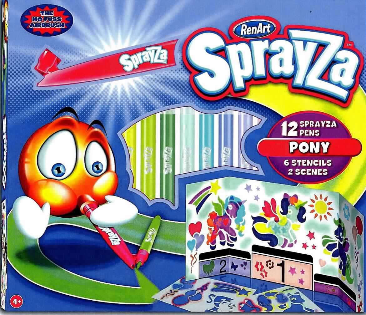 Bei dem sog. "SprayZa Super Pro Set 2 Pony" handelt es sich um eine Warenzusammenstellung in Aufmachung für den Einzelverkauf, bestehend aus
- zwölf verschiedenfarbigen Stiften mit Filzspitze mit durchsichtigen Kappen,
- einem Aufsatz für die Stifte zum Pusten,
- sechs Malschablonen aus Pappe mit vorgestanzten Motiven und
- zwei Szenenvorschlägen (Zuschnitt aus Pappe) mit aufgedruckten Hintergrundszenen zum Thema Pony.

Die Stifte dienen zum Schreiben und Malen, alternativ kann die Farbe nach Umstecken auf den Stiftehalter durch Pusten am hinteren Ende und einen dadurch erzeugten Zerstäubungseffekt (Airbrusheffekt) auf das zu verzierende Objekt gebracht werden.

Hinsichtlich der Menge, des Umfangs und des Verwendungszweckes bestimmen die Stifte den Charakter der Warenzusammenstellung.

Das Set ist mit einer Gebrauchsanleitung in einem bunt bedruckten Karton für den Einzelverkauf aufgemacht.

Die Warenzusammenstellung ist als "Schreiber und Markierstifte, mit Filzspitze oder anderer poröser Spitze" einzureihen.