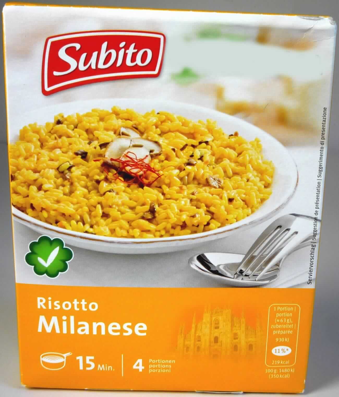 Risotto

Antragsangaben:
Risotto Milanese 250 g

Beschreibung des vorgelegten Warenmusters (Originalumschließung):
Bedruckter Faltkarton mit Angaben zum Erzeugnis (Reisgericht getrocknet; 250 g), zu den Zutaten (siehe 
Feld 8) und zur Zubereitung (Inhalt in 700 ml kochendes Wasser einrühren und ca. 15 Minuten garen lassen); 
darin in einem eingeklebten Papierbeutel ein Gemisch aus Rundkornreis und einem gelblichen, mit braunen 
getrockneten Pilzstücken durchsetzten Pulver.

Getreide in Form von Körnern oder anders bearbeiteten Körnern, durch Mischen mit anderen Zutaten zubereitet, 
anderweit weder genannt noch inbegriffen, auf der Grundlage von Reis