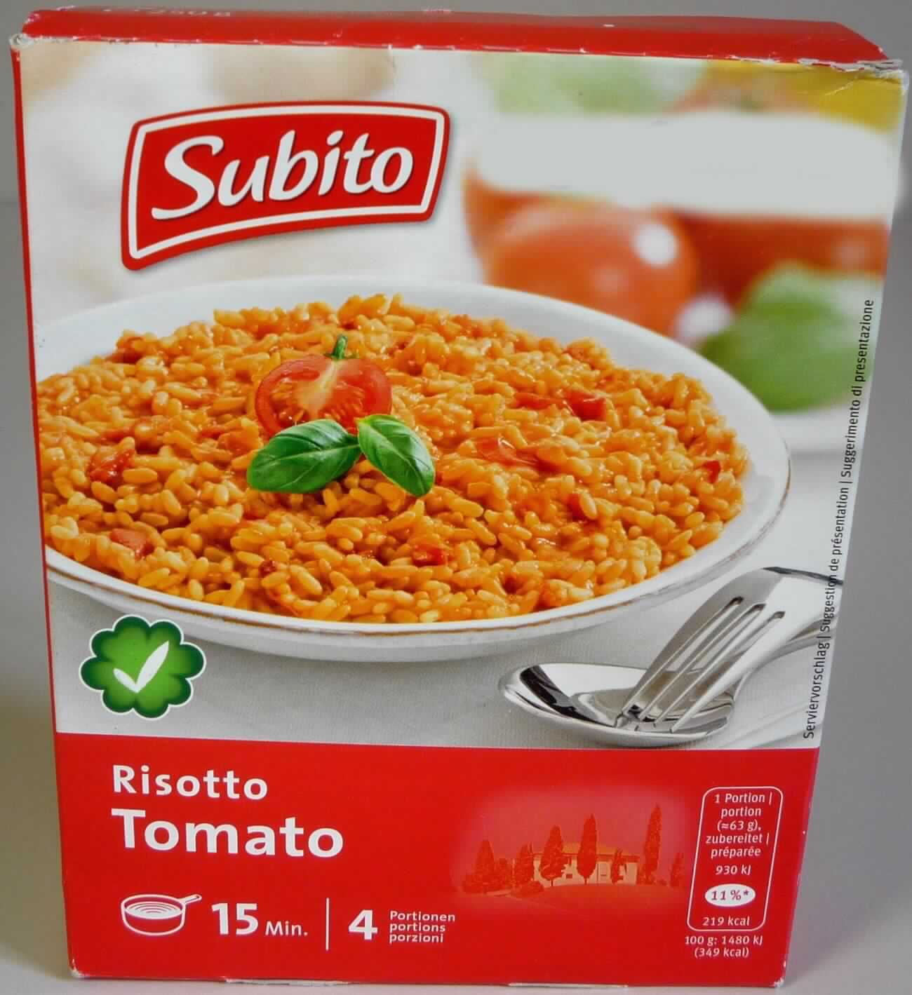 Risotto

Antragsangaben:
Tomatenrisotto 250 g

Beschreibung des vorgelegten Warenmusters (Originalumschließung):
Bedruckter Faltkarton mit Angaben zum Erzeugnis (Reisgericht getrocknet; 250 g), zu den Zutaten (siehe 
Feld 8) und zur Zubereitung (Inhalt in 700 ml kochendes Wasser einrühren und ca. 15 Minuten garen lassen); 
darin in einem eingeklebten Papierbeutel ein Gemisch aus Rundkornreis und einem rötlichen, mit rotbraunen 
getrockneten Tomatenstücken und weißen Flocken durchsetzten Pulver.

Getreide in Form von Körnern oder anders bearbeiteten Körnern, durch Mischen mit anderen Zutaten 
zubereitet, anderweit weder genannt noch inbegriffen, auf der Grundlage von Reis