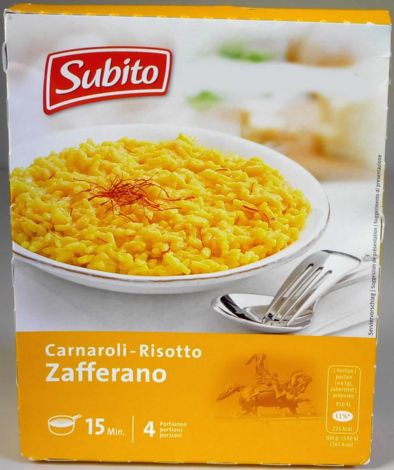 Risotto

Antragsangaben:
Risotto Safran 250 g

Beschreibung des vorgelegten Warenmusters (Originalumschließung):
Bedruckter Faltkarton mit Angaben zum Erzeugnis (Reisgericht getrocknet; 2 Beutel à 125 g), zu den Zutaten 
(siehe Feld 8) und zur Zubereitung (Beutelinhalt in 450 ml kochendes Wasser einrühren und ca. 15 Minuten 
garen lassen); darin zwei Verbundfolienbeutel mit einem Gemisch aus Rundkornreis und einem beigefarbenen 
Pulver.

Getreide in Form von Körnern oder anders bearbeiteten Körnern, durch Mischen mit anderen Zutaten 
zubereitet, anderweit weder genannt noch inbegriffen, auf der Grundlage von Reis