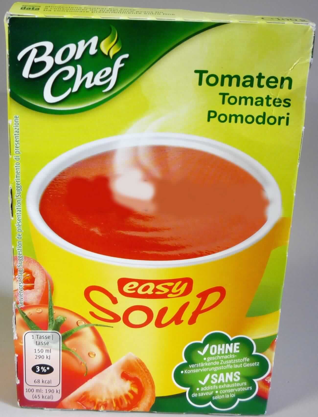 Tomatensuppe, als Pulver

Beschaffenheit der vorgelegten Warenprobe (in Originalumschließung):
Bedruckte Pappfaltschachtel mit innenliegend fünf Portionsbeuteln; mit Aufdruck von unter anderem 
Warenbezeichnung, Füllmenge (100 g), Zutaten und Zubereitung (Beutelinhalt in 150 ml kochendes 
Wasser einrühren).
Inhalt: Hellrotes, feines, teils kristallines, mit zerkleinerten Kräutern durchsetztes Pulver. Anleitungs-
gemäßes Zubereiten ergibt eine unmittelbar genussfertige, kräftig rote, trübe, sämige Tomatensuppe 
mit wenigen zerkleinerten Kräutern; Geschmack salzig-würzig, nach Tomaten.

Zubereitung zum Herstellen von Suppen, Tomaten enthaltend.