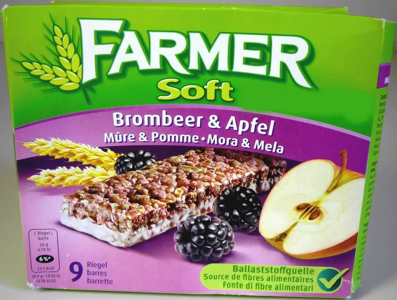 Weicher Getreideriegel 

Antragsangaben:
Geschmacksrichtung Brombeer/Apfel

Beschreibung des vorgelegten Warenmusters:
Ca. 9,5 cm lange, 2,8 cm breite und 1,2 cm dicke hellbraune Riegel aus Haferflocken, grob geschroteten 
Weizenkörnern und aufgeblähten Getreidekügelchen (Reiscrispies), durchsetzt mit wenigen kleinen roten 
Beerenstückchen und insgesamt rötlich eingefärbt durch fein zerkleinerte Fruchtbestandteile, am Boden 
vollständig und an den Seiten zur Hälfte überzogen mit einer hellen Fettglasur. Geschmack vorherrschend 
nach ungeröstetem Getreide und den Reiscrispies, sehr süß und nach Brombeeren. Neun einzeln in violette 
Original-Schlauchfolie eingeschweißte Riegel befinden sich in einem grün-violetten Original-Umkarton. 
Der Aufdruck enthält Angaben zum Erzeugnis ("Getreideriegel mit Hafer, Reis und Weizen"), Angaben zum 
Nettogewicht (234 g), die Zutatenliste und die GTIN (siehe jeweils Feld 8).

Kakao: Nach der Zutatenliste nicht enthalten

Getreide (ausgenommen Mais) in Form von Körnern oder Flocken, anderweit weder genannt noch inbegriffen, 
Riegel aus einer Mischung von ungerösteten Getreideflocken und aufgeblähtem Getreide, nicht auf der Grund-
lage von Reis oder Mais