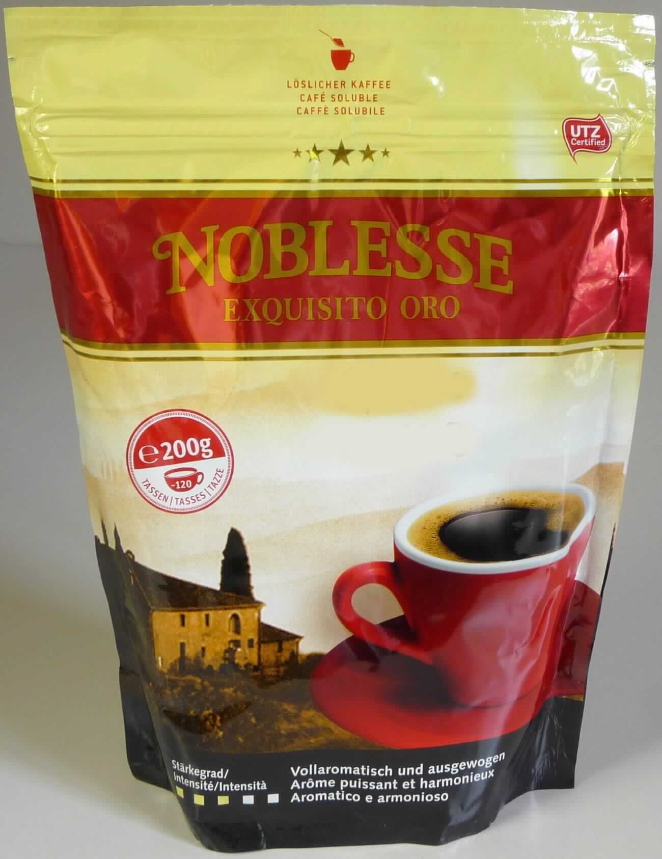 Löslicher Kaffee

Beschaffenheit des vorgelegten Warenmusters: 
Wiederverschließbarer, gelb-roter, buntbedruckter Standfolienbeutel mit Aufdruck der Warenbezeichnung 
(löslicher Kaffee) sowie der Angaben u. a. zu den Zutaten (Röstkaffee), zur Zubereitung (pro Tasse 
1 - 2 Kaffeelöffel löslichen Kaffee mit heißem, nicht kochendem Wasser übergießen) und zur Inhalts-
menge (200 g).

Inhalt: Braunes, wasserlösliches Granulat; Geruch aromatisch, nach Röstkaffee; Geschmack bitter, nach 
Röststoffen, einem löslichen Kaffee entsprechend; anleitungsgemäße Zubereitung ergibt ein Kaffeegetränk.

Auszug aus Kaffee