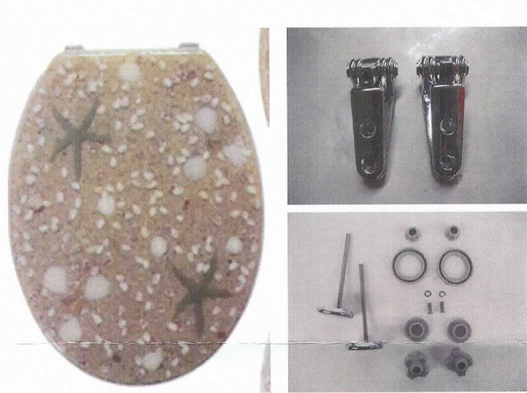 Toilettensitz mit Deckel aus - laut Antragsangaben -  Polyresin, einem Kunststoff im Sinne der Anmerkung 1 zu Kapitel 39 (charakterverleihend) mit eingelassenem Sand und Kunststoffnachahmungen von Seesternen und Muscheln. Die Verbindungs- und Befestigungsscharniere bestehen aus verzinktem Metall. Dem in einem Pappkarton für den Einzelverkauf aufgemachten Toilettensitz ist das erforderliche Montagematerial beigefügt (Schrauben, Muttern etc.). 

Derartige Erzeugnisse werden zolltariflich als "Klosettsitz aus Kunststoffen" eingereiht.