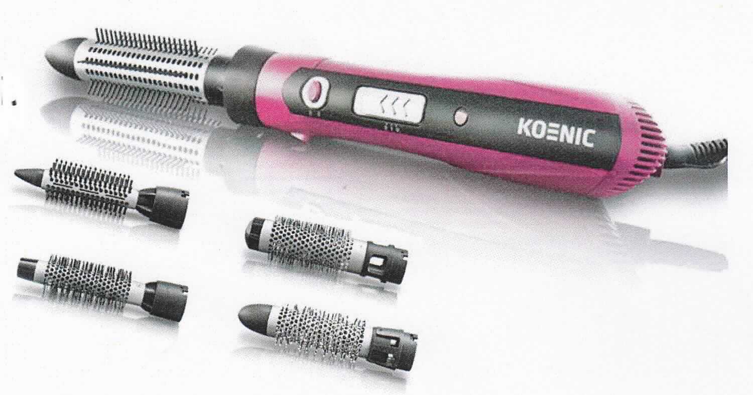 "Warmluft-Lockenstab"
- aus einem wärmeisolierten handgriffartigen Gehäuse mit fünf verschiedenen auswechselbaren, beheizbaren, 
  keramikbeschichteten Bürstenaufsätzen, Heizelement, Bedienelement zum Ein-/Ausschalten und Einstellen
  der zwei Heiz-/Gebläsestufen sowie drehbarem Netzkabel und Luftionisator,
- mit einer Leistung bis 1000 Watt bei 220-240 Volt,
- zum Trocknen und Formen der Haare (kennzeichnende Haupttätigkeit) sowie zum Erzeugen ionisierter Luft.
(Abbildung siehe Anlage) 

"Elektrowärmegerät zur Haarpflege (Kombination aus Haartrockner -kennzeichnende Haupttätigkeit- und Luftionisator), sog. Heißluftbürste "