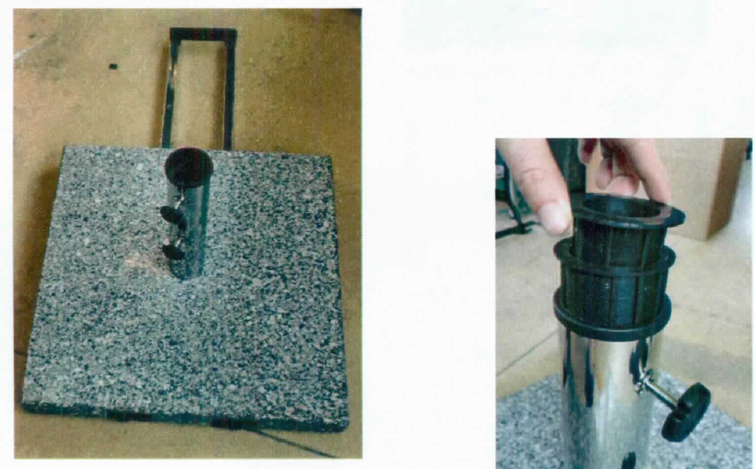 Zubehör für Sonnenschirme, sog. Schirmständer Granit, Foto siehe Anlage,
- Schirmständer, bestehend aus einer Bodenplatte aus Granit (lt. Antrag),
- quadratisch zugeschnitten, lt. Antrag mit Seitenlängen von 52 cm und einer Höhe von 6 cm,
- mit eingearbeiteten Laufrollen als Transportmöglichkeit an der Granitbodenplattenseite und mit ausziehbarem 
  Tragegriff an der gegenüberliegenden Seite,
- mit einem Metallrohr zur Aufnahme eines Schirms vorgesehen,
- lt. Antrag mit einem Gewicht von 40 kg,
- mit einem Kunststoffadapter für verschiedene Schirmstockgrößen.

"Zubehör für Sonnenschirme (Schirmständer)"