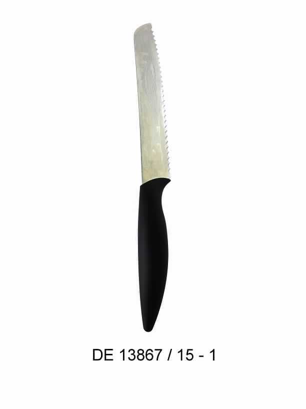 "Brotmesser";

- Messer mit schneidender, feststehender Klinge aus Stahl (3cr14) mit
  wellenförmigem Klingenschliff, in Damaszener-Opik gehalten

-  mit Kunststoffgriff (PP + TPR)

- mit einer Klingenlänge von 20 cm und einer Gesamtlänge von 32 cm

- zur Verwendung in der Küche zum Schneiden von Brot

- in einem Vollblister (PET) mit Farbeinleger verpackt

(Angaben lt. Antragsteller)

Abbildung siehe Anlage.

Derartige Erzeugnisse gehören als "andere Messer mit schneidender, feststehender Klinge aus unedlem Metall, kein Messer der Position 8208" zum TARIC-Code 8211 9200 00.
