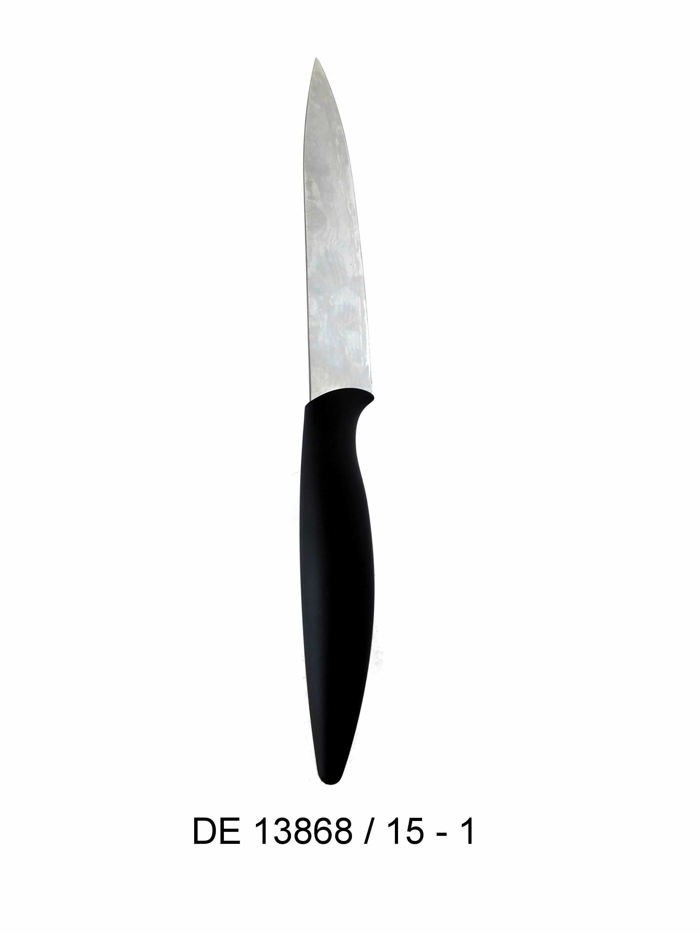 "Schneidmesser";

- Messer mit schneidender, feststehender Klinge aus Stahl (3cr14) mit
  geradem Klingenschliff, in Damaszener-Opik gehalten

-  mit Kunststoffgriff (PP + TPR)

- mit einer Klingenlänge von 20 cm und einer Gesamtlänge von 32 cm

- zur Verwendung in der Küche zum Zubereiten von Speisen

- in einem Vollblister (PET) mit Farbeinleger verpackt

(Angaben lt. Antragsteller)

Abbildung siehe Anlage.

Derartige Erzeugnisse gehören als "andere Messer mit schneidender, feststehender Klinge aus unedlem Metall, kein Messer der Position 8208" zum TARIC-Code 8211 9200 00.