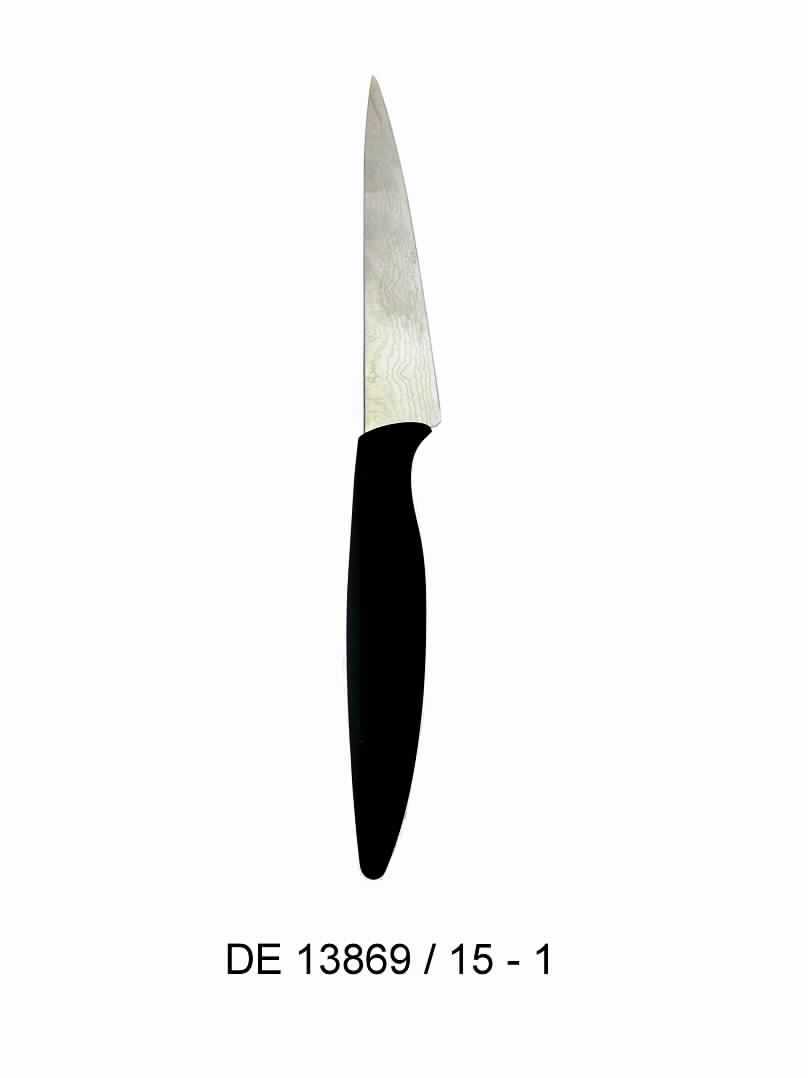 "Allzweckmesser"

- Messer mit schneidender, feststehender Klinge aus Stahl (3cr14) mit
  geradem Klingenschliff, in Damaszener-Opik gehalten

-  mit Kunststoffgriff

- mit einer Klingenlänge von ca. 12,5 cm und einer Gesamtlänge von ca. 24 cm

- zur Verwendung in der Küche zum Zubereiten von Speisen

- in einem Vollblister (PET) mit Farbeinleger verpackt

(Angaben lt. Antragsteller)

Abbildung siehe Anlage.

Derartige Erzeugnisse gehören als "andere Messer mit schneidender, feststehender Klinge aus unedlem Metall, kein Messer der Position 8208" zum TARIC-Code 8211 9200 00.