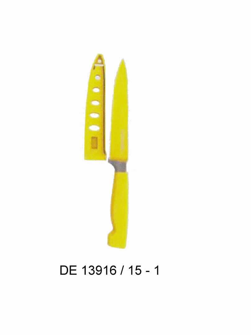 "Allzweckmesser";  

- Messer mit schneidender, feststehender Klinge aus Stahl (3cr13) mit
  geradem Schliff

- mit einer farblich auf den Kunststoffgriff abgestimmten 
  Antihaftbeschichtung

- mit einer Klingenlänge von ca. 13 cm und einer Gesamtlänge von ca. 25 cm

- mit einem Klingenschutz aus Kunststoff

- zur Verwendung in der Küche beim Zubereiten von Speisen bestimmt

- einzeln farbrein in einer PVC-Box mit Farbeinleger verpackt

(Angaben lt. Antragsteller)

Abbildung siehe Anlage.

Derartige Erzeugnisse gehören als "andere Messer mit schneidender, feststehender Klinge aus unedlem Metall, kein Messer der Pos. 8208" zum TARIC-Code 8211 9200 00.