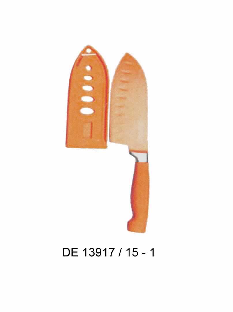 "Santokumesser";  

- Messer mit schneidender, feststehender Klinge aus Stahl (3cr13) mit
  geradem Schliff

- mit einer farblich auf den Kunststoffgriff abgestimmten 
  Antihaftbeschichtung

- mit einer Klingenlänge von ca. 13 cm und einer Gesamtlänge von ca. 23 cm

- mit einem Klingenschutz aus Kunststoff

- zur Verwendung in der Küche beim Zubereiten von Speisen bestimmt

- einzeln farbrein in einer PVC-Box mit Farbeinleger verpackt

(Angaben lt. Antragsteller)

Abbildung siehe Anlage.

Derartige Erzeugnisse gehören als "andere Messer mit schneidender, feststehender Klinge aus unedlem Metall, kein Messer der Pos. 8208" zum TARIC-Code 8211 9200 00.