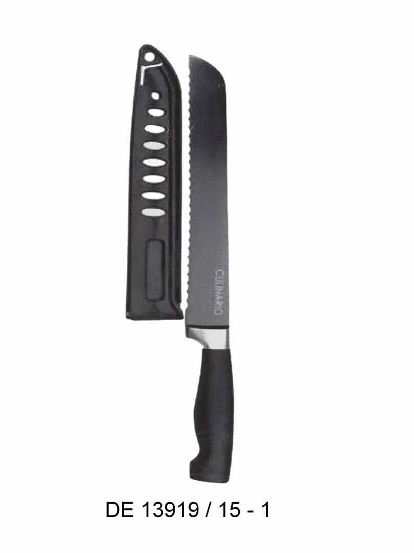 "Brotmesser";  

- Messer mit schneidender, feststehender Klinge aus Stahl (3cr13) mit
  wellenförmigen Schliff

- mit einer farblich auf den Kunststoffgriff abgestimmten 
  Antihaftbeschichtung

- mit einer Klingenlänge von ca. 20 cm und einer Gesamtlänge von ca. 32 cm

- mit einem Klingenschutz aus Kunststoff

- zur Verwendung in der Küche beim Zubereiten von Speisen, insbesondere
  zum Schneiden von Brot bestimmt

- einzeln farbrein in einer PVC-Box mit Farbeinleger verpackt

(Angaben lt. Antragsteller)

Abbildung siehe Anlage.

Derartige Erzeugnisse gehören als "andere Messer mit schneidender, feststehender Klinge aus unedlem Metall, kein Messer der Pos. 8208" zum TARIC-Code 8211 9200 00.
