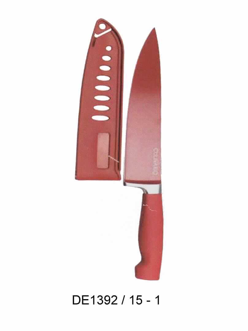 "Chefmesser";  

- Messer mit schneidender, feststehender Klinge aus Stahl (3cr13) mit
  geradem Schliff

- mit einer farblich auf den Kunststoffgriff abgestimmten 
  Antihaftbeschichtung

- mit einer Klingenlänge von ca. 20 cm und einer Gesamtlänge von ca. 32 cm

- mit einem Klingenschutz aus Kunststoff

- zur Verwendung in der Küche beim Zubereiten von Speisen bestimmt

- einzeln farbrein in einer PVC-Box mit Farbeinleger verpackt

(Angaben lt. Antragsteller)

Abbildung siehe Anlage.

Derartige Erzeugnisse gehören als "andere Messer mit schneidender, feststehender Klinge aus unedlem Metall, kein Messer der Pos. 8208" zum TARIC-Code 8211 9200 00.