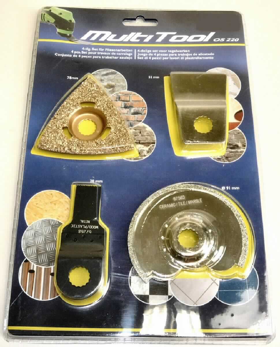 "Multi Tool Zubehörset 1-4-tlg"; es handelt sich um eine Warenzusammenstellung in Aufmachung für den Einzelverkauf, bestehend aus

- einem sog. gezahnten Tauchsägeblatt aus Stahl (Pos. 8202)

-- für die Bearbeitung von Holz, Kunststoff und Metalle

- einer sog. Diamantsäge (Pos. 6804)

-- in Form einer nichtgezahnten Scheibe aus Stahl, deren Ränder mit einem
   agglomerierten Schleifmittel aus künstlichen Diamanten belegt sind

-- für die Bearbeitung von Fliesen- und Steinfugen

- einem sog. Schaber, vollständig aus Stahl (Pos. 8207)

-- in Form eines leicht gekrümmten Spachtels

-- zum Lösen von Teppich- und Bodenkleber sowie

- einem sog. Deltaschleifer (Pos. 8207) 

-- in Form einer dreieckigen Raspel aus Stahl, mit einem aufgebrachten
   Schleifmittel aus Wolframcarbid

-- zum Entfernen von altem Mörtel und Glätten des Untergrundes vor dem
   Einsetzen von neuen Fliesen

Die Aufsätze weisen alle entweder eine zentrale oder am hinteren Ende befindliche, speziell geformte Lochung auf und sind dazu bestimmt in einem elektrisch betriebenen, von Hand zu führenden Werkzeug in Form eines sog. Elektroschleifers verwendet zu werden.

Alle Bestandteile sind in einer Blisterverpackung aus Kunststoff mit Pappeinlage für den Einzelverkauf aufgemacht.


Die auswechselbaren Werkzeuge der Position 8207 bestimmen insbesondere in Hinblick auf Wert und Menge den Charakter der Warenzusammenstellung.
-Antragstellerangaben-

Abbildung siehe Anlage.

Derartige Erzeugnisse gehören als "andere auswechselbare Werkzeuge, zur Verwendung in Werkzeugmaschinen, mit arbeitenden Teilen aus Metallcarbid bzw. aus unedlem Metall" zum TARIC-Code 8207 9099 00.