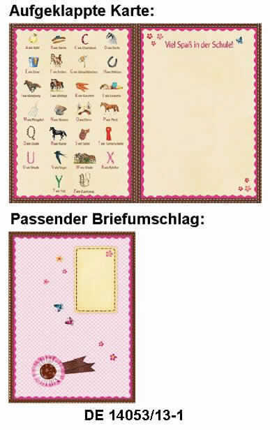 Bei der als "Grußkarte mit Kugelschreiber" bezeichneten Ware handelt es sich um eine Klappkarte aus Kartonpapier (Format etwa 29,5 x 21,0 cm, einmal auf etwa 14,7 x 21,0 cm gefaltet) mit einem dazugehörigen Briefumschlag aus bedrucktem Papier. Sie ist auf der Vorderseite neben der Abbildung von Pferden im Wesentlichen mit der Aufschrift "Hurra, die Schule fängt an!" bedruckt. Innen ist die Klappkarte auf der linken Seite mit dem lateinischen Alphabet sowie mit Beispielwörtern zu jedem Buchstaben bedruckt. Die Wortbeispiele werden durch jeweils eine passende Abbildung illustriert. Auf der rechten Seite ist ein persönlicher Gruß ("Viel Spaß in der Schule!") abgedruckt. Auf die Vorderseite der Karte ist ein Kugelschreiber (siehe vZTA DE 14053/13-2) aufgeklebt. Das Ganze ist in einer Klarsichthülle aus Kunststoff verpackt. 

Abbildung siehe Anlage.

Derartige Waren gehören als "bedruckte Karten mit persönlichen Mitteilungen, auch illustriert, auch mit Umschlägen" zur Codenummer 4909 00 00 00 0 des Zolltarifs.