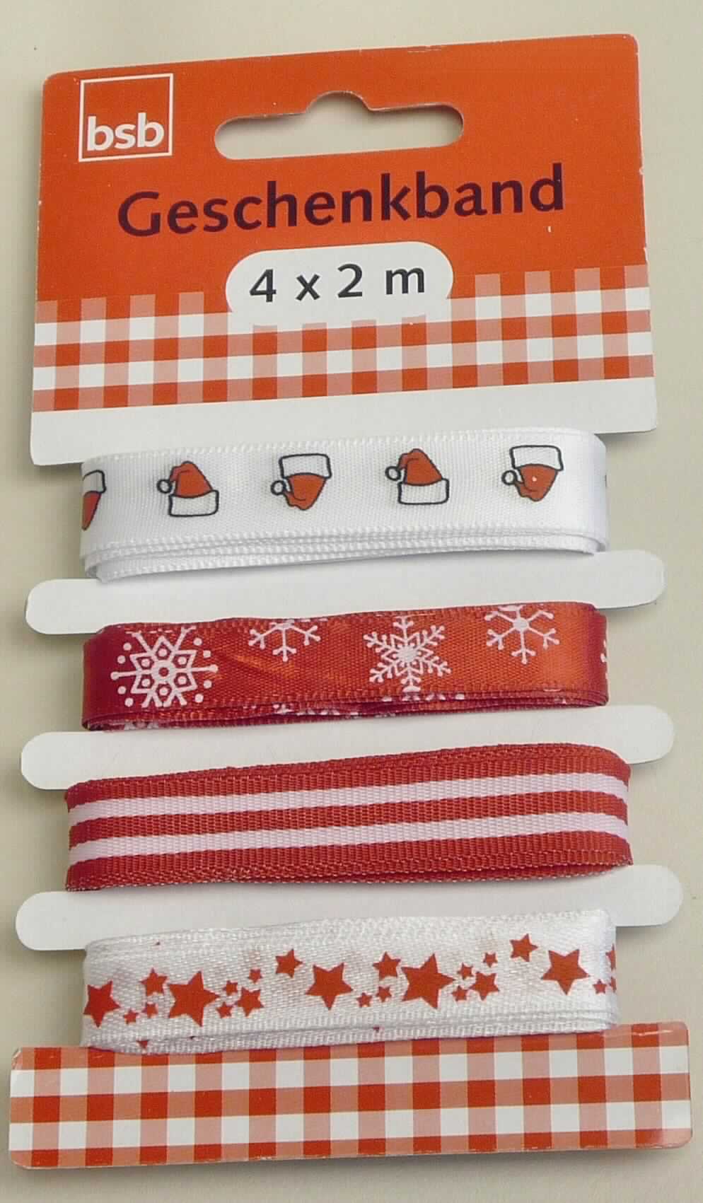 Bänder, sog. Geschenkband auf Pappkarte, Art. 397-001, Foto siehe Anlage,
- als vierteiliges Sortiment auf einer Pappkarte aufgewickelt,
- mit einer Länge von laut Antrag 2 m und einer Breite von ca. 0,9 cm ("Schneeflocke") / 1 cm ("Sterne") / 1,1 cm 
  ("gestreift" und "Weihnachtsmütze"),
- aus bedrucken ("Schneeflocke", "Sterne" und "Weihnachtsmütze") bzw. buntgewebten ("gestreiften") Geweben 
  aus laut Antrag 100 % Polyester (synthetische Chemiefasern),
- mit echten Webkanten an beiden Längsseiten; 
- kein Samt, Plüsch, Chenille- oder Schlingengewebe,
- keine Elastomergarne oder Kautschukfäden enthaltend.                                                            

"Band, keine Ware der Position 5807, kein Samt, Plüsch, Chenille- oder Schlingengewebe, keine Elastomergarne 
 oder Kautschukfäden enthaltend, aus Chemiefasern, mit echten Webkanten"