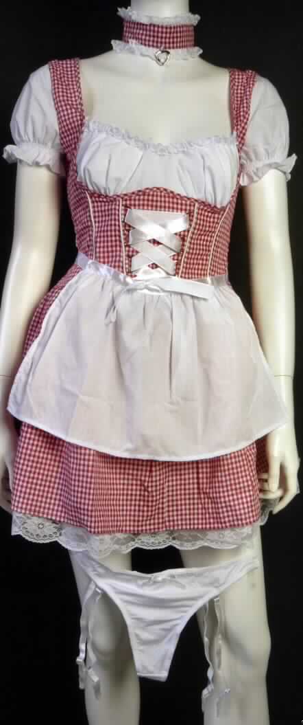 Vierteilige Zusammenstellung bestehend aus einem Kleid, einer Schürze, einem Halsband und einer strumpfhalterähnlichen Ware, sog. Set "Dirndl" (Art.Nr. 2470039), Größe S, Foto siehe Anlage,
- in Aufmachung für den Einzelverkauf,
- getrennte Einreihung der einzelnen Bestandteile, weil die Kleidungsstücke nicht als
  Kombination zusammen in eine Position eingereiht werden dürfen, u. a. da beide Kleidungsstücke
  (Kleid und Schürze) als Bestandteil einer Kombination nicht zugelassen sind,
- Kleid:
-- aus verschiedenen 0,2 bis 0,3 mm dicken, buntgewebten bzw. einfarbigen Geweben aus laut 
   Antrag 90% Baumwolle, 5% Polyamid und 5% Elastan (beides synthetische Chemiefasern),
-- über den Schritt reichend (82 cm), kann aufgrund der Länge ohne ein weiteres, den
   Unterkörper bedeckendes Kleidungsstück als Kleid getragen werden,
-- das Oberteil ist aus verschiedenen Geweben so gearbeitet, dass der optische Eindruck
   entsteht, dass eine einfarbige, kurzärmelige Hemdbluse unter einem Trägerkleid getragen wird,
-- mit einem runden, halsfernen Ausschnitt; am Rand mit einem Zuschnitt aus Wirkspitze versehen,
-- im Rückenteil mit Einsätzen aus transparenten Gewirken,
-- mit einem eingenähten Unterrock aus transparenten Geweben mit angenähtem, sichtbarem
   Abschluss aus Wirkspitze,
-- an allen Rändern gesäumt; vorn mit einem Zierbindeband aus Geweben versehen,
-- nach dem Umfang und dem äußeren Erscheinungsbild sind die Gewebe gegenüber den
   Gewirken als charakterbestimmend anzusehen.

"Kleid aus Geweben (charakterbestimmend), für Frauen, aus Baumwolle, nicht nach dem Batik-Verfahren handbedruckt, und aus Gewirken"