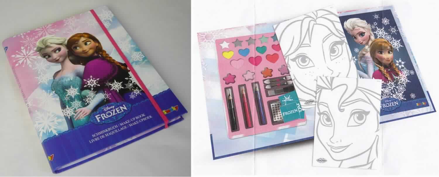 Erzeugnis zum Schminken; Schminkset für Kinder

Die Ware stellt sich dar als ein Schminkset für Kinder, verpackt in einer bunt bedruckten Papphülle in Form eines stilisierten Buches. Dieses enthält eine rosa Tiefziehschale mit Mulden für die Schminkmittel und eine Abdeckung aus durchsichtigem Kunststoff. Des Weiteren ist ein Vorlagenbuch zum Skizzieren des Make-Ups beigefügt. Es liegt eine Warenzusammenstellung in Aufmachung für den Einzelverkauf vor, die aus folgenden Bestandteilen besteht:
- Puder: 4,05 g
- Lidschatten: 6,95
- Lipgloss:3,0 g
- 48 Glizzerklebepunkte
- 3 Tattoo Sifte 3 x 0,5 g
- zwei Plastikschablonen zum Auftragen des Make-ups 
- drei Applikationspinsel
Es handelt sich um eine Warenzusammenstellung, deren Charakter vom Umpfang her durch die Schminkmittel für die Augen bestimmt wird.
Die Ware ist als Erzeugnis zum Schminken, Schminkmittel für die Augen in die Position 3304 der Kombinierten Nomenklatur einzureihen.