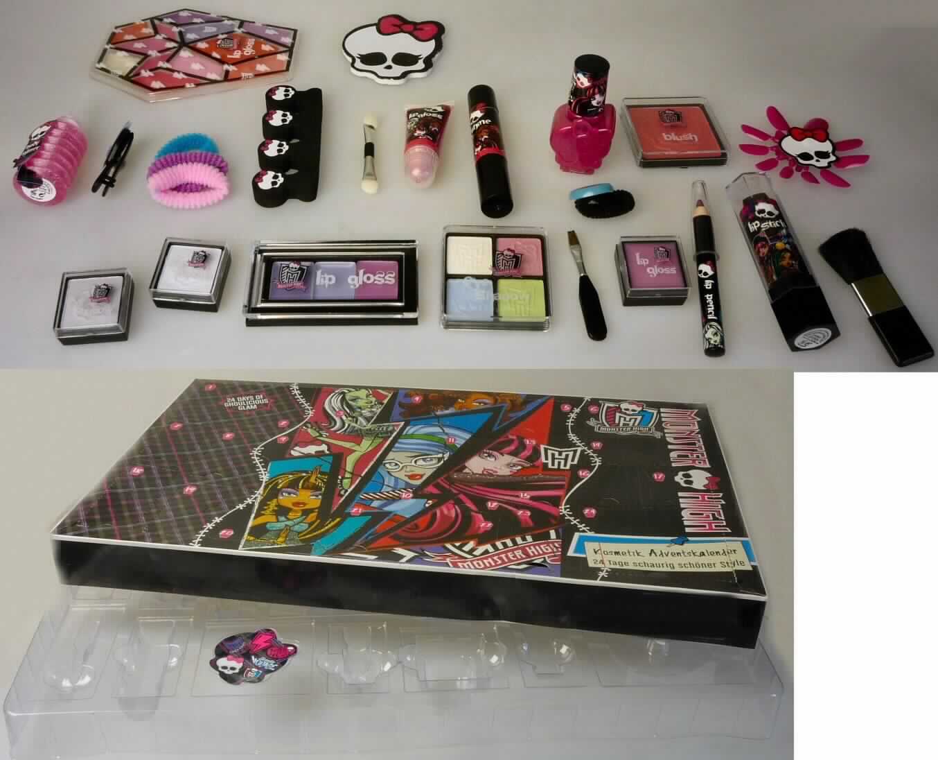 Adventskalender Monster High; Erzeugnis zum Schminken

Bei der vorgelegten Ware handelt es sich um einen Adventskalender aus bedrucktem Karton mit  24 vorgestanzten Öffnungen (Maße: ca. 58 cm x 30cm x 4 cm). Die Ware ist für den Einzelverkauf als Kosmetik-Adventskalender für Kinder aufgemacht. In der Schachtel befindet sich eine transparente Kunststofftiefziehschale mit 24 Vertiefungen. Darin enthalten sind:

- 7 Artikel zum Schminken der Lippen
- 2 Artikel zum Schminken der Augen
- 1 Nagellack
- 1 Rouge
- 1 Körperglitzergel
- 1 Applikator
- 1 Zehenspreizer
- 1 Nagelfeile
- 4 Haargummis
- 2 Schminkpinsel
- 1 Set künstlicher Fingernägel
- 2 Sticker.

Eine Einreihung als Spielzeug kommt nicht in Betracht. Die Warezusammenstellung ist als Erzeugnis zum Schminken in die Position 3304 der Kombinierten Nomenklatur einzureihen.
Charakterbestimmend sind auf Grund der Anzahl die Waren zum Schminken der Lippen.
