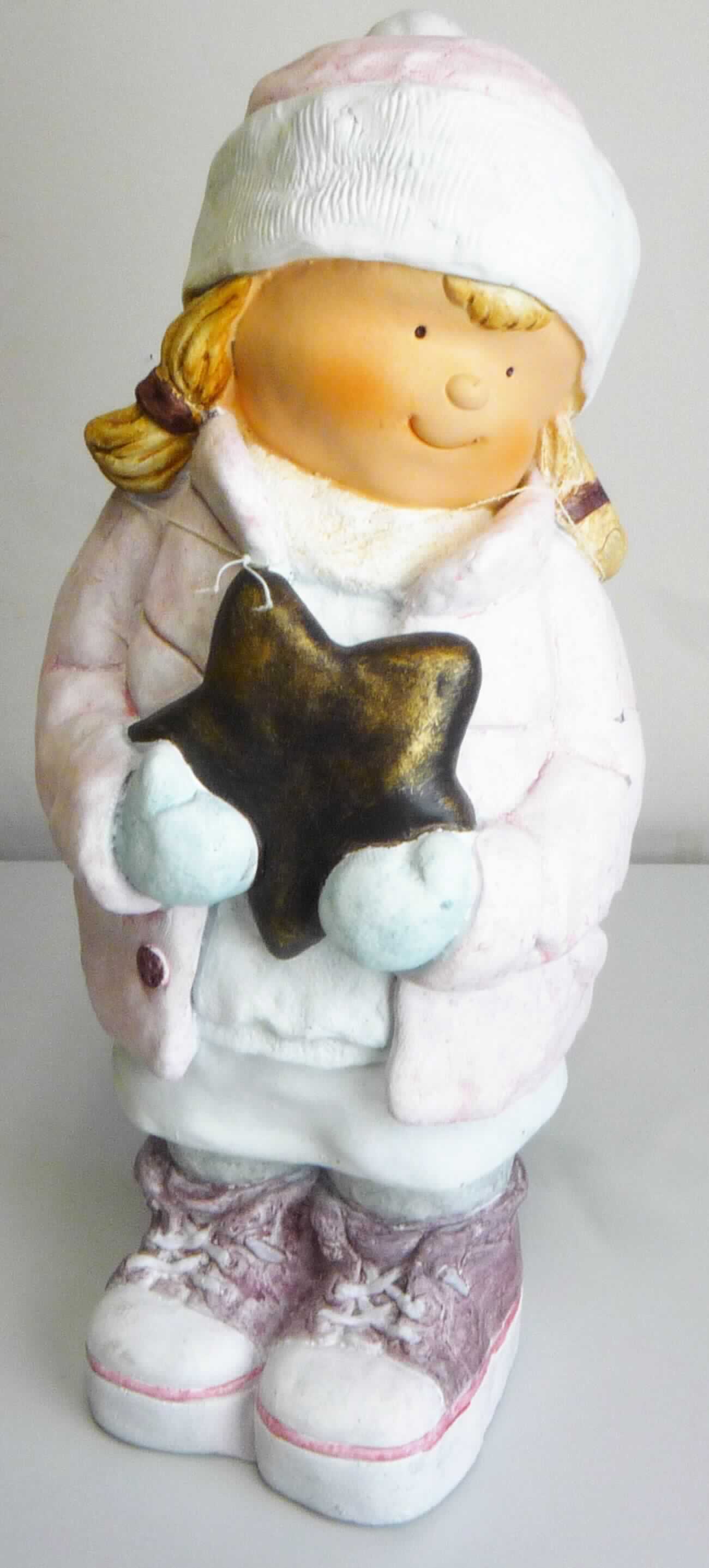 Angaben:
Dekoartikel Kind, 20 x 19,5 x 48 cm.
Materialangaben wertanteilig: 95 % Fiberstone, 5 % Fiberglas.

Warenbeschaffenheit:
Kind in überwiegend rosafarbener Winterbekleidung, in beiden Händen einen Stern haltend.

Befund:
Asbestzement, Cellulosezement oder dergleichen, keinen Asbest enthaltend