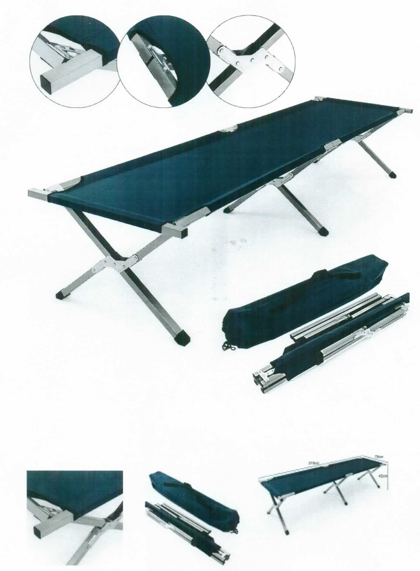 Das sog. "Klappbare Feldbett" ist ca. 190 x 65 x 41 cm groß (Länge x Breite x Höhe) und besteht aus einem Metallgestell und einem Metallrahmen. Die sechs Beine des Gestells sind mit Fußkappen aus Kunststoff ausgestattet. Über den Metallrahmen ist als Liegefläche ein Polyesterbezug gespannt. 
Das zusammenklappbare Feldbett kann als Camping-, Not- oder Gästebett verwendet werden und ist in einer Tragetasche (Packmaß: 103 x 20 x 11 cm) verpackt.

Der stoffliche Charakter des Erzeugnisses wird in Hinsicht auf die Bedeutung für die Verwendung (Stabilität) vom Metall bestimmt.

Die Ware ist als "anderes als von den Positionen 9401 und 9403 erfasstes Metallmöbel, nicht von der in Büros verwendeten Art, Bett" einzureihen.