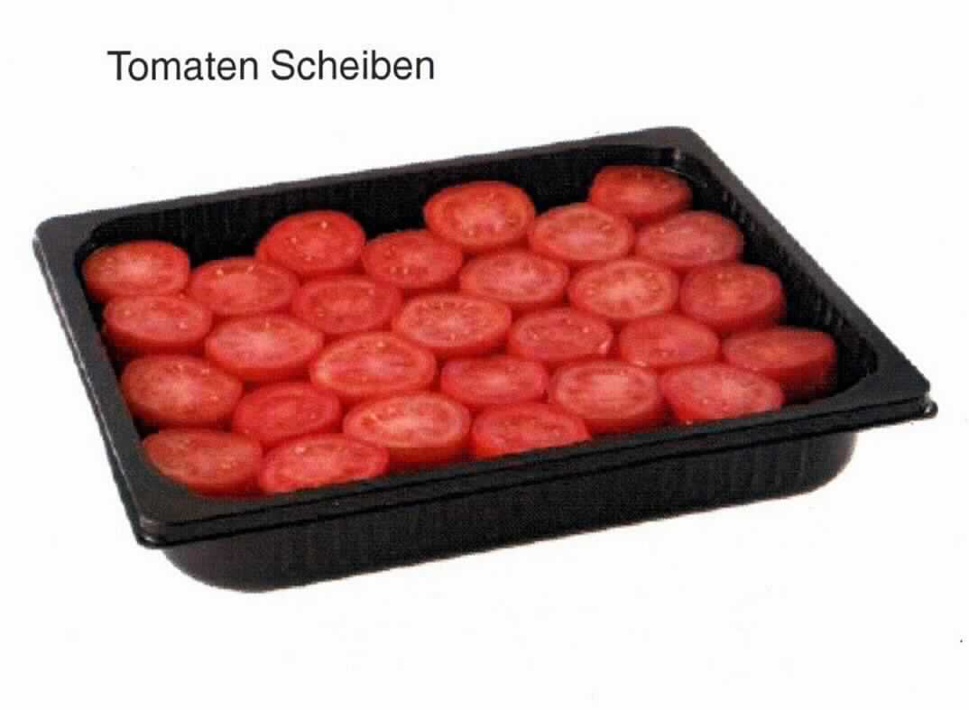 Tomatenscheiben

Ein Warenmuster lag nicht vor, jedoch eine Produktspezifikation mit Angaben zur Herstellung und
ein Foto.

Nach den Antragsangaben handelt es sich um gewaschene und in Scheiben geschnittene, rohe 
Tomatenstücke ohne Zusätze, die à 2000 g unter Schutzgas in Kunststoffschalen abgepackt werden.

Tomaten, frisch oder gekühlt