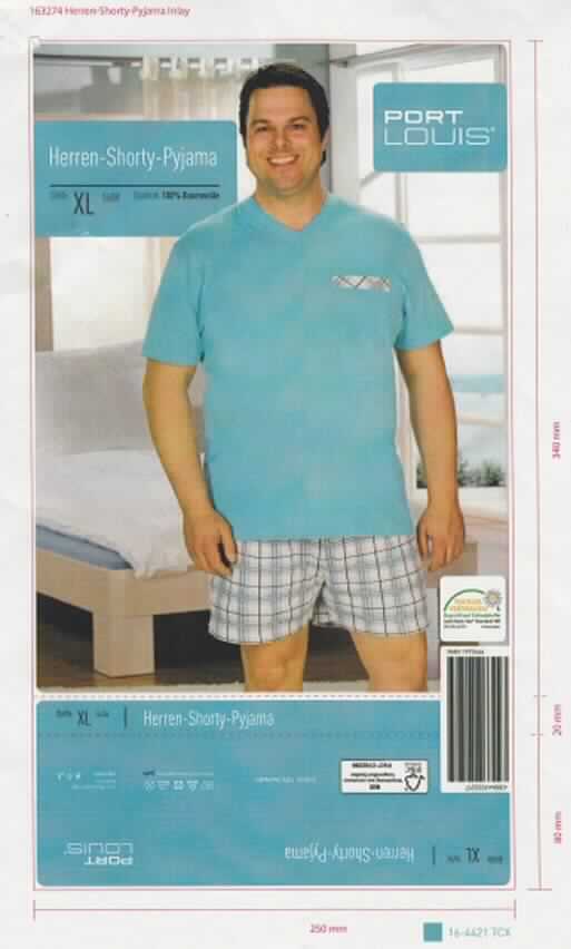 Schlafanzug, sog. Herren-Shorty-Pyjama, Artikel S13603-01, Größe XXL, Foto siehe Anlage,
- aus etwa 0,5 mm dicken, einfarbigen und buntbedruckten Gewirken aus laut Antrag 100% Baumwolle,
- nach Schnitt, Ausstattung und Material erkennbar dazu bestimmt, ausschließlich oder im Wesentlichen als
  Nachtkleidung im Bett getragen zu werden,
- ohne Hinweise auf den Trägerkreis (unisex),
- Oberteil (einfarbig):
-- über den Schritt reichend (Rückenlänge: etwa 82 cm),
-- mit einem V-förmigen Halsausschnitt; ohne Öffnung, 
-- mit kurzen Ärmeln,
-- mit einer aufgesetzten Brusttasche mit einer Randeinfassung aus dem gleichen karierten Gewirke wie die Hose,
-- am unteren Rand durch Umschlagen und Festnähen gesäumt,
- kurze Hose (kariert): 
-- in der Taille abschließend, mit einem elastischen Taillenbund; ohne Öffnung,
-- mit kurzen Hosenbeinen (Seitenlänge: etwa 47 cm),
-- an den Beinabschlüssen durch Umschlagen und Festnähen gesäumt.

"Schlafanzug, aus Gewirken, für Frauen, aus Baumwolle"