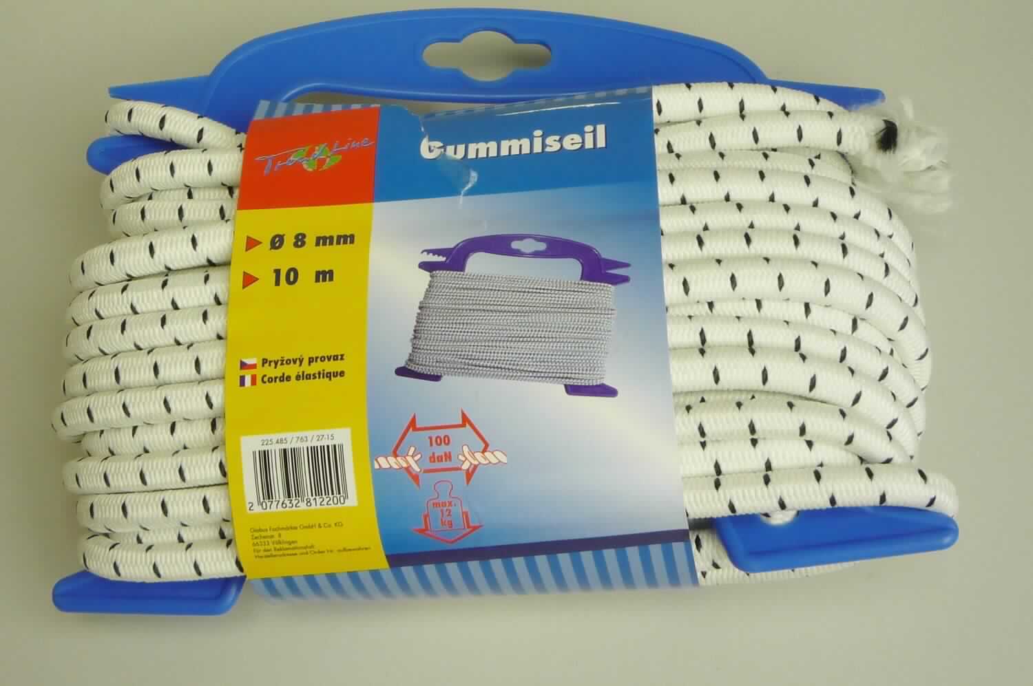Überzogene Kautschukfäden, sog. Gummiseil, EAN 2077632812200, Foto siehe Anlage,
- auf einer Kunststoffkarte aufgebracht und mit einer bedruckten Banderole versehen,
- als Meterware, laut Antrag mit einer Länge von 10 m und einem Durchmesser von ca. 8 mm,
- bestehend aus Fäden aus laut Antrag Kautschuk mit einem Durchmesser von jeweils ca. 1 mm (Kautschukfäden 
  der Position 4007), die mit Garnen aus Spinnstoffen umflochten (= überzogen) sind.

"Fäden aus Kautschuk, mit einem Überzug aus Spinnstoffen"