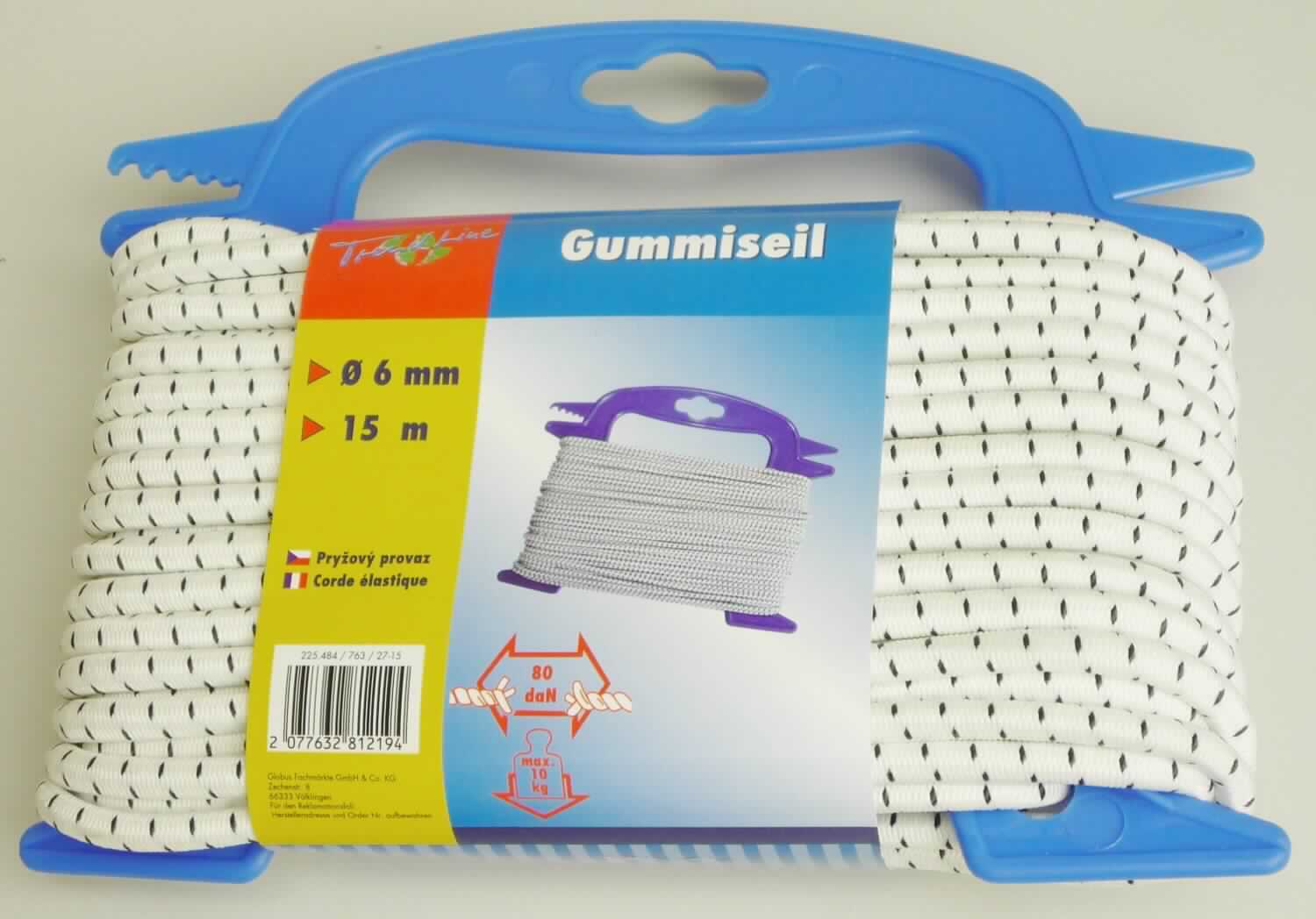 Überzogene Kautschukfäden, sog. Gummiseil, EAN 2077632812194, Foto siehe Anlage,
- auf einer Kunststoffkarte aufgebracht und mit einer bedruckten Banderole versehen,
- als Meterware, laut Antrag mit einer Länge von 15 m und einem Durchmesser von ca. 6 mm,
- bestehend aus Fäden aus laut Antrag Kautschuk mit einem Durchmesser von jeweils ca. 1 mm (Kautschukfäden 
  der Position 4007), die mit Garnen aus Spinnstoffen umflochten (= überzogen) sind,
- an beiden Enden heiß geschnitten.

"Fäden aus Kautschuk, mit einem Überzug aus Spinnstoffen"