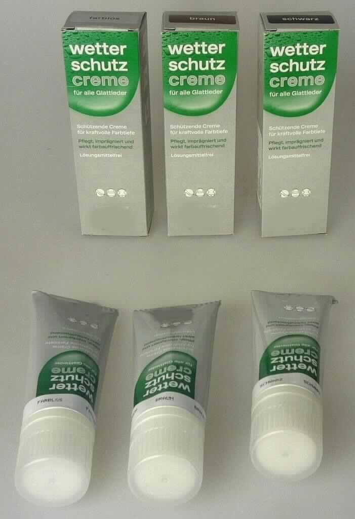 Angaben: Schuhcreme "WetterSchutzCreme" für alle Glattleder; pflegt, imprägniert und wirkt farbauffrischend; spezielle Rezeptur auf der Grundlage von wertvollen Wachsen und Imprägnierstoffen.

Warenbeschaffentheit: Schwarze, braune bzw. cremefarbene, dickflüssige, wachsartige Paste in 75ml-Metalltube mit integriertem Auftrageschwamm im Verschluss, jeweils umverpackt in bedruckter Pappfaltschachtel.
 
Befund: Schuhcreme und ähnliche Schuh- oder Lederpflegemittel