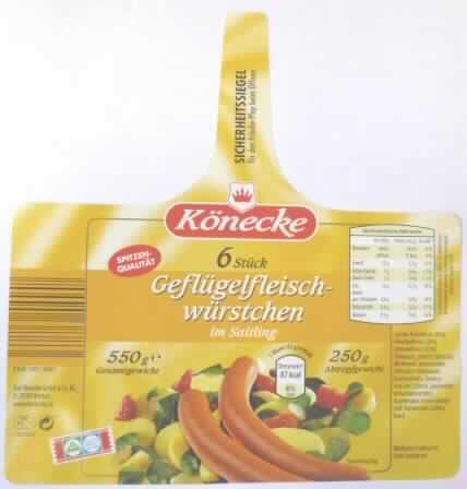 Angaben des Antragstellers: 
Wurstwaren, Geflügelfleischwürstchen im Saitling, 6 = 250 g, Art. Nr. 312500, Nettogewicht: 550 g, Abtropfgewicht: 250 g, Glaskonserve..

Zur genauen Zusammensetzung wurden vertrauliche Angaben gemacht.

Es lag keine Warenprobe zur Begutachtung vor.

Nach den Angaben des Antragstellers erfüllt die Brühwurst (in Salzlake) die Erstattungsvoraussetzungen der Verordnung (EG) Nr. 903/2008 für die MO-Warenlistennummer 1601 0099 9190:
-Fleisch und/oder Schlachtnebenerzeugnisse von Geflügel enthaltend
-Gehalt an tierischem Protein mindestens 8 GHT des Eigengewichts
-Kollagen-Protein-Verhältnis höchstens 0,45
-Fremdwassergehalt höchstens 33 GHT des Eigengewichts
-Genusstauglichkeitskennzeichnung nach EG-Recht