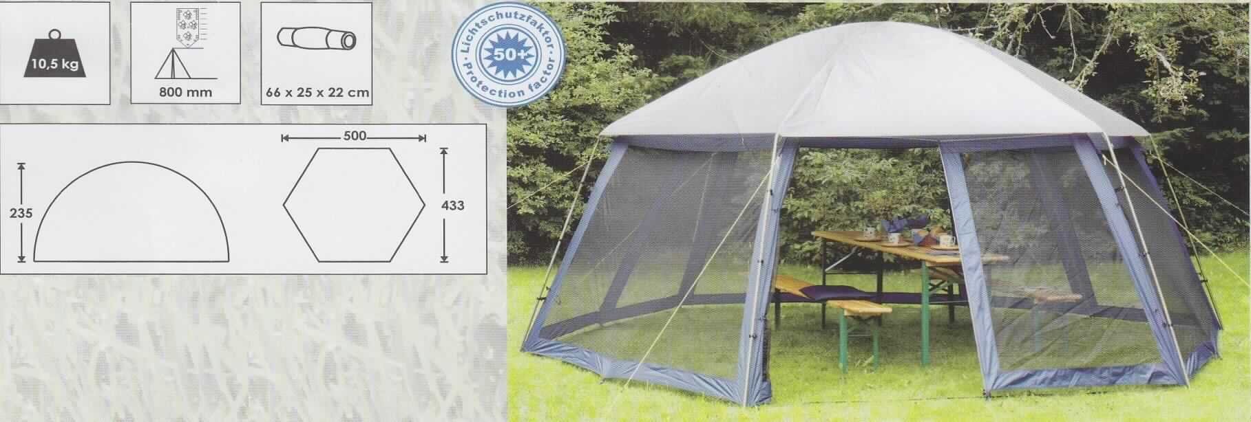 Zelt, sog. Universal Pavillon XXL,  Art. 15858, Foto siehe Anlage,
- verpackt in einem Beutel aus Geweben (übliche Verpackung im Sinne der AV 5 b)); zerlegt mit 
  Befestigungsmaterial eingehend (achtzehn Kunststofferdnägel (sog. Heringe) und sechs Spannseile),
- mit einer sechseckigen Grundfläche und einem kuppelartigen Dach,
- laut Antrag in den Abmessungen (L x B x H): ca. 500 cm x 433 cm x 235 cm,
- mit einem Gestänge aus unedlem Metall und Glasfasern (laut Antrag Stahl und Fiberglas), 
- mit einer Dachbespannung aus ca. 0,1 mm dicken, einfarbigen Geweben aus laut Antrag Polyester (synthetische 
  Chemiefasern), die auf der Außenseite eine Farbveränderung (silberfarben) aufweisen, ein Bestreichen mit Farbe 
  ist jedoch mit bloßem Auge nicht wahrnehmbar (damit keine Meterware der Position 5907); mit angenähten 
  Klettverschlüssen sowie elastischen Schlaufen aus Spinnstoffen und Haken aus unedlem Metall,
- mit Seitenteilen aus ca. 0,4 mm dicken, netzartigen Gewirken, die an den Rändern mit unterschiedlich breiten 
  Gewebezuschnitten eingefasst sind; die als Eingang dienenden Seitenteile sind mittels dreier Reißverschlüsse 
  schließ- und abtrennbar; mit angenähten elastischen Schlaufen aus Spinnstoffen, Knebelverschlüssen und Haken 
  aus Kunststoff sowie Ösen aus unedlem Metall,
- bildet in zugezogenem Zustand einen geschlossenen Raum, die Ware erfüllt daher die Begriffsbestimmung
  für ein Zelt,
- durch Zusammenfügen konfektioniert,
- im Hinblick auf die Verwendung als Zelt bestimmt das Material der Dachbespannung den Charakter der Ware.

"Zelt aus Spinnstoffen, aus synthetischen Chemiefasern"