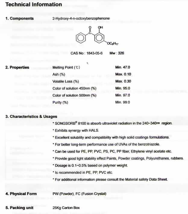 2-Hydroxy-4-n-octyloxybenzophenon.

Bei der Ware handelt es sich nach den Angaben um die chemisch einheitliche Verbindung 2-Hydroxy-4-n-octyloxybenzophenon. Synonyme Bezeichnungen sind 2-Hydroxy-4-n-octoxybenzophenon  und Octabenzon (INN). Die CAS-Nummer lautet 1843-05-6. Die Reinheit beträgt mindestens 99%. Die Ware liegt als hellgelbes Pulver oder hellgelbe Kristalle vor und wird als UV-Absorber verwendet. Aufgemacht ist sie zu 25 kg in Pappkartons.

Zolltariflich liegt ein Ketonphenol mit anderen Sauerstofffunktionen vor.