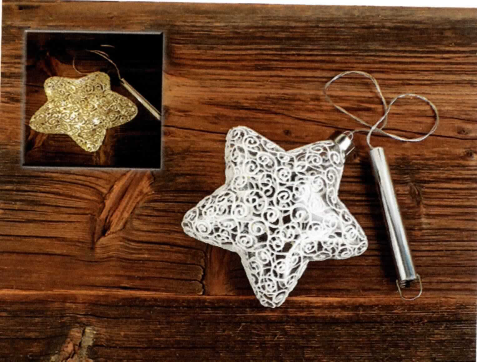 Ziergegenstand aus lampengeblasenem Glas, sog. Lichterstern mit LED, Art. Nr. 61629, Foto siehe Anlage, 
- aus verschiedenen Bestandteilen zusammengesetzte Ware, bestehend aus: 
- einem Ziergegenstand in Form eines fünfzackigen, innen hohlen Sterns, 
- - aus lampengeblasenem, klarsichtigem Glas (laut Antrag), 
- - mit einem ornamentartigen, weißen Muster verziert, 
- - an einer Spitze offen, um die Lichterkette in den Stern einzulegen,
- - an der offenen Spitze mit einer Abdeckung in Form eines Metallkrönchens mit Spreizbeinen versehen,
- - mit den Abmessungen von ca. 15 cm x 15 cm x 4,5 cm,
- einem elektrischen Beleuchtungskörper, 
- - in Form einer Lichterkette mit zehn Leuchtdioden (LED), die in dem Stern eingesteckt ist,
- - die Zuleitung der Lichterkette wird durch das Metallkrönchen zu einem zylinderförmigen, silberfarbenen 
    Batteriefach aus Kunststoff mit Ein-/Ausschalter und Aufhängeöse geführt,
- - die Lichterkette beleuchtet den Stern von innen, 
- der Ziergegenstand aus Glas bestimmt nach dem Umfang und dem äußeren Erscheinungsbild (Zierwirkung) 
  den wesentlichen Charakter der zusammengesetzten Ware, 
- stellt sich insgesamt nicht als elektrischer Beleuchtungskörper der Position 9405 dar, da die Ware nicht der 
  Erhellung der Umgebung dient, sondern durch die Beleuchtung lediglich die Zierwirkung des Sterns erhöht wird.

"Zier- und Fantasiegegenstand aus lampengeblasenem (gesponnenem) Glas, kein Fantasieschmuck"