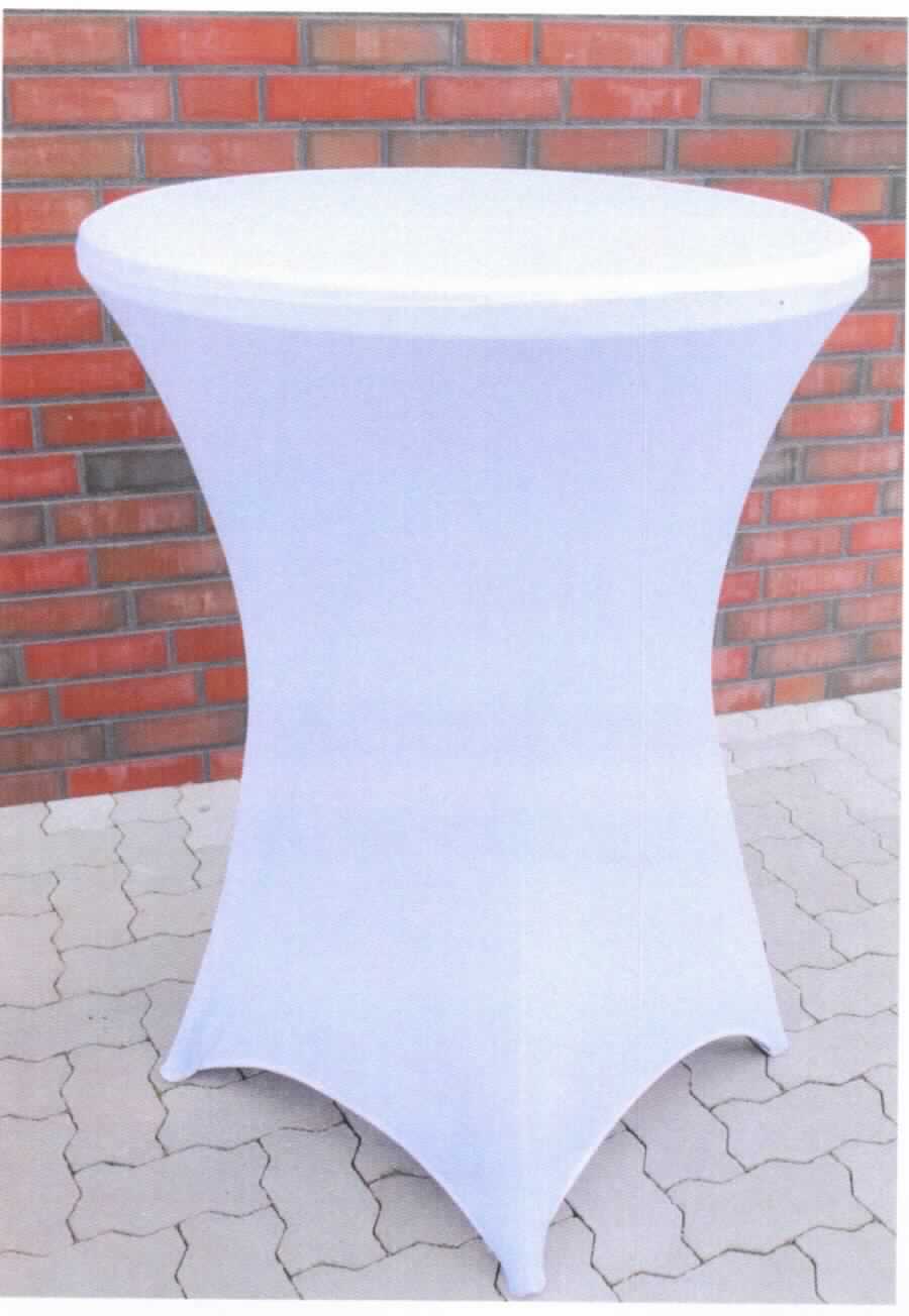 Tischwäsche, sog. Tischhusse für Stehtisch, Foto siehe Anlage
- in einem Polybeutel verpackt,
- annähernd zylinderförmig, unten offen, mit einem Durchmesser von ca. 70 cm und einer Höhe von ca. 97 cm,
- aus ca. 0,5 mm dicken, einfarbigen Gewirken aus augenscheinlich synthetischen Chemiefasern,
- am unteren Rand mit vier eingenähten Zuschnitten aus einem elastischen, gewirkten Band (sog. Fußtaschen), die 
  über die Standfüße gezogen werden und so die Husse am Tisch fixieren, 
- durch Zusammennähen konfektioniert,
- wird üblicherweise gewaschen und kennzeichnet sich nach Material und Verwendungszweck als Tischwäsche.

"Tischwäsche aus Spinnstoffen, aus Gewirken"