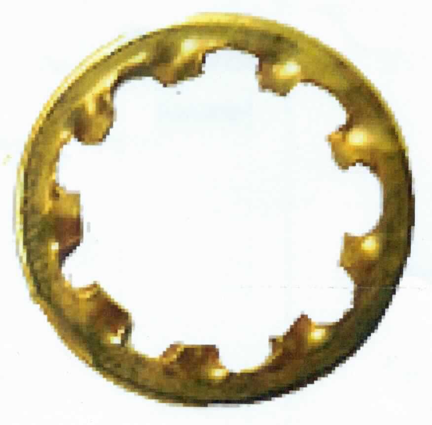 Es handelt sich um kreisrunde vergoldete Scheiben (Außendurchmesser: ca 10 mm) aus nicht rostendem Stahl, mit einer zentrischen Lochung (Lochweite: ca 8 mm) und Innenzahnung. Die Erzeugnisse werden als Federring in einem Steckverbinder verwendet. 
- Antragstellerangaben -

Abbildung siehe Anlage.

Derartige Erzeugnisse gehören als "andere Federringe aus nicht rostendem Stahl" zur Codenummer 7318 21 00 91 0 des Zolltarifs.