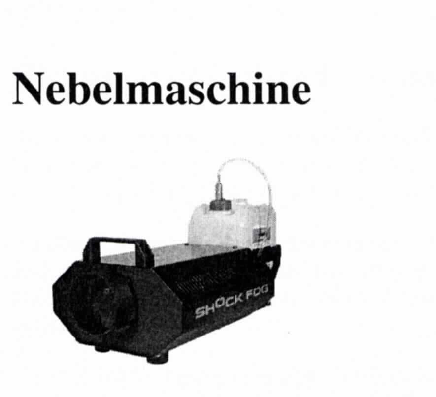 Nebelmaschine bzw. Dunsterzeuger (Litecraft Shock Fog und Hazebase Base Hazer Pro),
- aus einem Tank zur Aufnahme von Zerstäuberflüssigkeit (Nebelfluid), einer elektrischen Heizvorrichtung, einer
  Flüssigkeitspumpe und einer Nebeldüse, integriert in einem Gehäuse mit Lüftungsschlitzen, Tankhalter, 
  Nebelaustrittsöffnung sowie Bedien- und Anzeigeelementen (Abbildung siehe Anlage),
- zum Herstellen eines künstlichen Nebels durch Verdampfen eines Nebelfluids,
- bestimmt zur Verwendung in Diskotheken, Bühnen, usw..

"Mechanischer Apparat zum Zerstäuben von Flüssigkeiten, keine Ware der TARIC-Codes 8424 1000 00 bis 8424 8900 10 - sog. Nebelmaschine bzw. Dunsterzeuger"