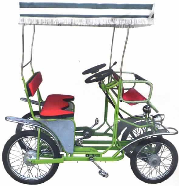 Fahrrad mit Kugellagern (kein Zweirad), ohne Motor, in Form eines vierrädrigen Fahrrades mit Dachkonstruktion.

Das Fahrrad besteht im Wesentlichen aus einem Stahlrahmen mit tiefem Einstieg, einer gepolsterten Sitzbank für zwei Personen, einem Dach oder schirmähnlichen Aufbau, einem Gepäckfach vorne und zwei kompletten Treteinheiten. Es wird über eine mittig angebrachte Lenkstange gelenkt und ist mit Lenkrädern ausgestattet. Das Fahrrad ist mit einer Hinterrad-Trommelbremse und Beleuchtung versehen. Es hat ein Eigengewicht von ca. 97 kg und ist mit Motorradreifen (vorne 20" / hinten 22" groß) ausgestattet.

Ein Bild der Ware ist unter http://ec.europa.eu/taxation_customs/dds/ebticau_de.htm
abgelegt.