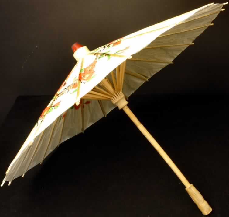 Sonnenschirm, sog. Asia-Schirm für Dekozwecke, Abbildung siehe Anlage, 
- Schirm mit einer Länge von ca. 46,5 cm und einem Durchmesser (geöffnet) von ca. 60 cm,
- mit einem Bezug aus mit Blumenmotiven bedrucktem Papier, 
- mit einem Gestell und Schiene incl. Griffstück aus (lt. Antragsangaben) Bambusholz, 
- mit einer Verschlussfeder aus Holz, 
- aufgrund der Gesamtbeschaffenheit (insb. der Schienenlänge) und der wirksamen Sonnen- 
  schutzfunktion liegt keine Ware des Kapitels 95 vor.

"Sonnenschirm, kein Gartenschirm, ohne Teleskopauszug, mit einem Bezug aus Papier"