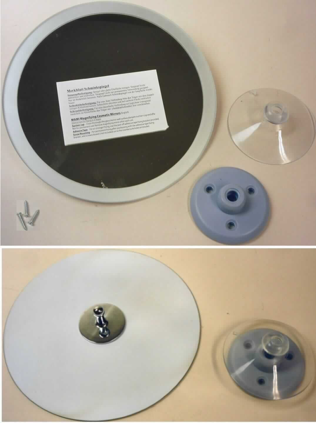 Spiegel aus Glas, sog. Spiegel mit Halterungen, Abbildung siehe Anlage, 
- in Form einer zusammengesetzte Ware, bestehend aus: 
- einem runden nicht gefassten Spiegel (Vergrößerungsspiegel) aus Glas, 
- - mit einem umlaufenden, satinierten Rand (1 cm) und geschliffener Kante, 
- - mit einem Durchmesser von 15 cm und einer Dicke von 0,2 cm, 
- einem auf die Rückseite des Spiegels aufgeklebten Kugelgelenks aus un- 
  edlem Metall, 
- zum Befestigen mit zwei Halterungen ausgestattet, 
- - einer Halterung aus Kunststoff mit drei Schrauben aus unedlem Metall, 
    zur Befestigung an einer Wand, 
- - mit einem Saugnapf aus Kunststoff, zur Befestigung an einer glatten 
    Oberfläche, 
- der Spiegel aus Glas verleiht der Ware aufgrund seiner Bedeutung in Be- 
  zug auf die Verwendung den wesentlichen Charakter. 
- verpackt in einer handelsüblichen Verkaufsumschließung.

"Spiegel aus Glas, kein Rückspiegel, nicht gerahmt, andere als in der Unter- 
 position 7009 9100 10 genannte"