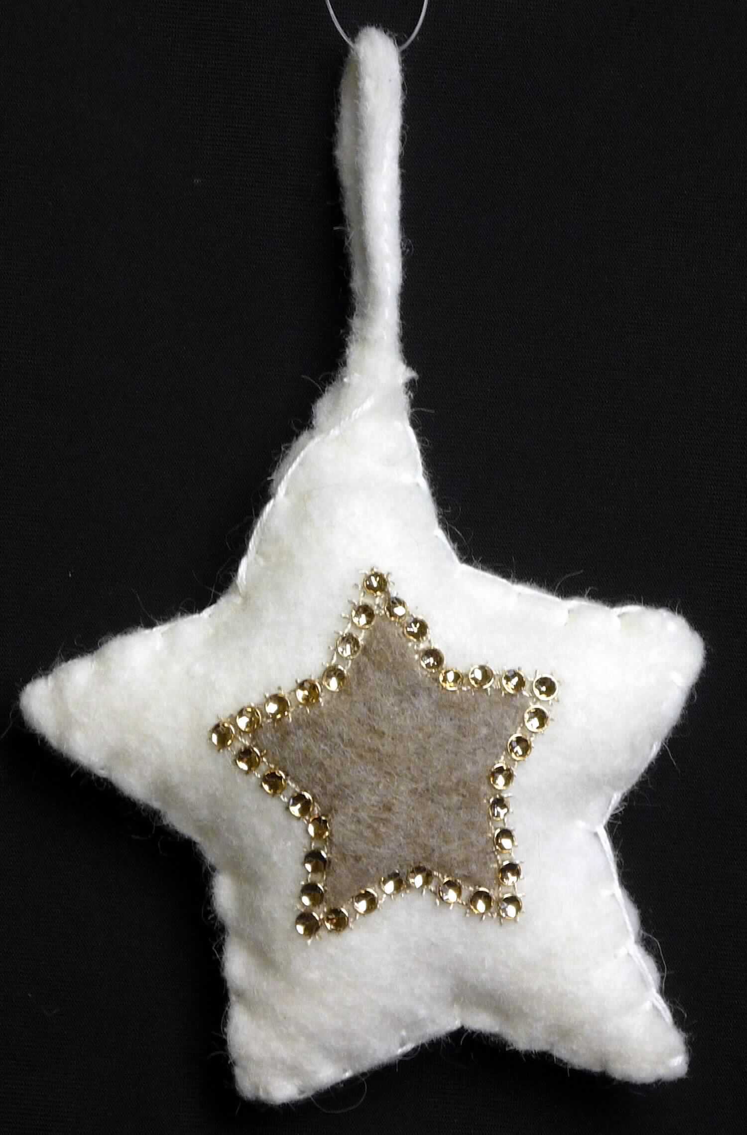 Deko-Anhänger, sog. Stoff-Ornament, Art. 196141, Foto siehe Anlage,
- sternförmig, mit den Abmessungen von ca. 16 cm x 14 cm, 
- laut Untersuchungsergebnis: 
-- aus Filz (Nadelfilz) aus überwiegend Wolle, 
- auf der Vorderseite mit aufgeklebten Verzierungen in Form eines kleineren Sterns aus Filz, der von Ziersteinchen 
  aus laut Antrag Kunststoff umrahmt ist,
- mit Wattierungsstoff gefüllt und an den Rändern zusammengenäht (somit konfektioniert),
- mit einer Aufhängeschlaufe ausgestattet,
- wird zu Dekorationszwecken verwendet,
- keine Ware zur Innenausstattung der Position 6304, da ohne raumbezogene Funktion,
- ohne eindeutigen Bezug zum Weihnachtsfest, somit keine Ware der Position 9505.

"Andere konfektionierte Ware (Deko-Anhänger), aus Spinnstoffen, aus Filz"