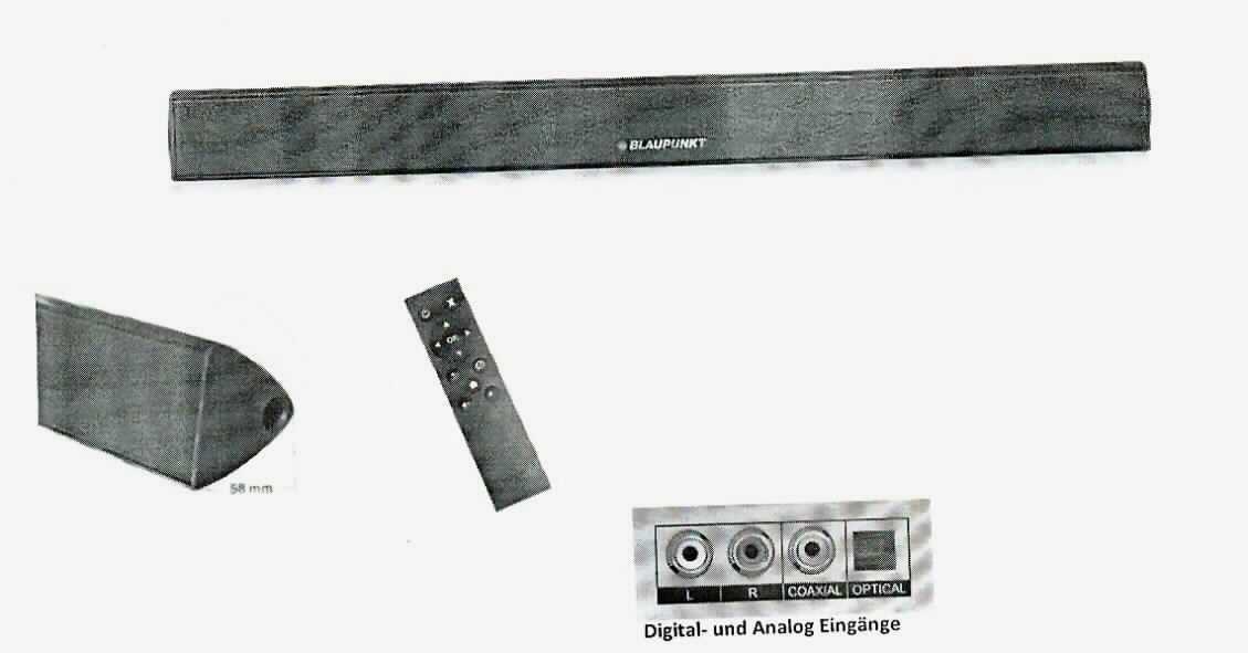 Lautsprecher- und Verstärkersystem, Blaupunkt TV LS 156 TV-Soundbar
- aus einem Tonfrequenzverstärker, zwei Lautsprechern, Stromversorgung und Akku-
  mulator mit Bedienelementen, AUX- Audioeingang, optischen Audio-Eingang, Koaxial-
  Audio-Eingang und Netzanschluss, in einem Gehäuse (Abmessungen: 686 x 65 x 75 mm) 
  mit Aufnahmepunkten zur optionalen Wandmontage, mit separater Fernbedienung, 
  Abbildung siehe Anlage,
- zum Umwandeln von elektrischen Tonfrequenzsignalen in Schallwellen - kennzeichnende 
  Haupttätigkeit -, zum Verstärken von Tonfrequenzsignalen aus mehreren Eingangskanälen,
  zum Bearbeiten der Audiosignale und zur Klangbildveränderung.

"Mehrfachlautsprecher, nicht für zivile Luftfahrzeuge (Lautsprecher - kennzeichnende 
 Haupttätigkeit -, kombiniert mit Tonfrequenzverstärker und Equalizer, in funktioneller Einheit
 mit Fernbedienung) - Soundbar"