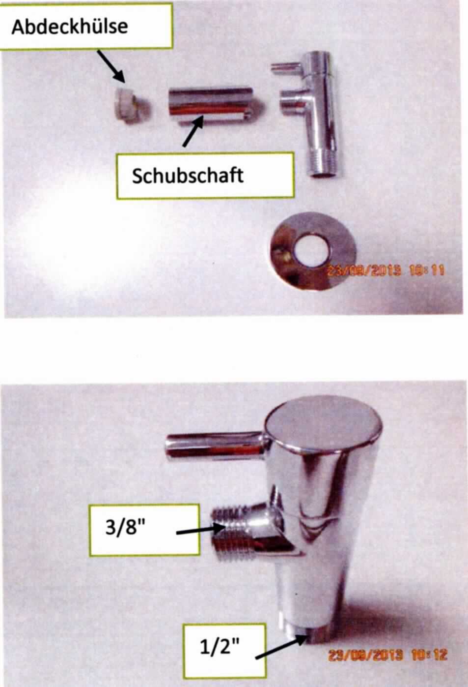 Handbetätigtes Absperrventil, sog. Eckventil, 
mit einem verchromten Pressmessinggehäuse mit einem Zugangs- und Abgangsgewindeanschluss (Durchmesser 3/8" und 1/2"), einer Konusquetschverschraubung mit Längenausgleich 3/8" x 10 mm sowie verchromter Messingabdeckhülse und einem drehbaren Betätigungselement sowie einer Schubrosette aus Zinkdruckguss, zum Regulieren des Wasserdurchflusses für anzuschliessende Sanitärarmaturen.

Das Erzeugnis ist als "Armatur, keine Ware der UPos. (KN) 8481 1005 bis 8481 8061, Eckventil, nicht aus Gusseisen oder Stahl, nicht für bestimmte Luftfahrzeuge, keine Magnetventilvorrichtung" einzureihen.