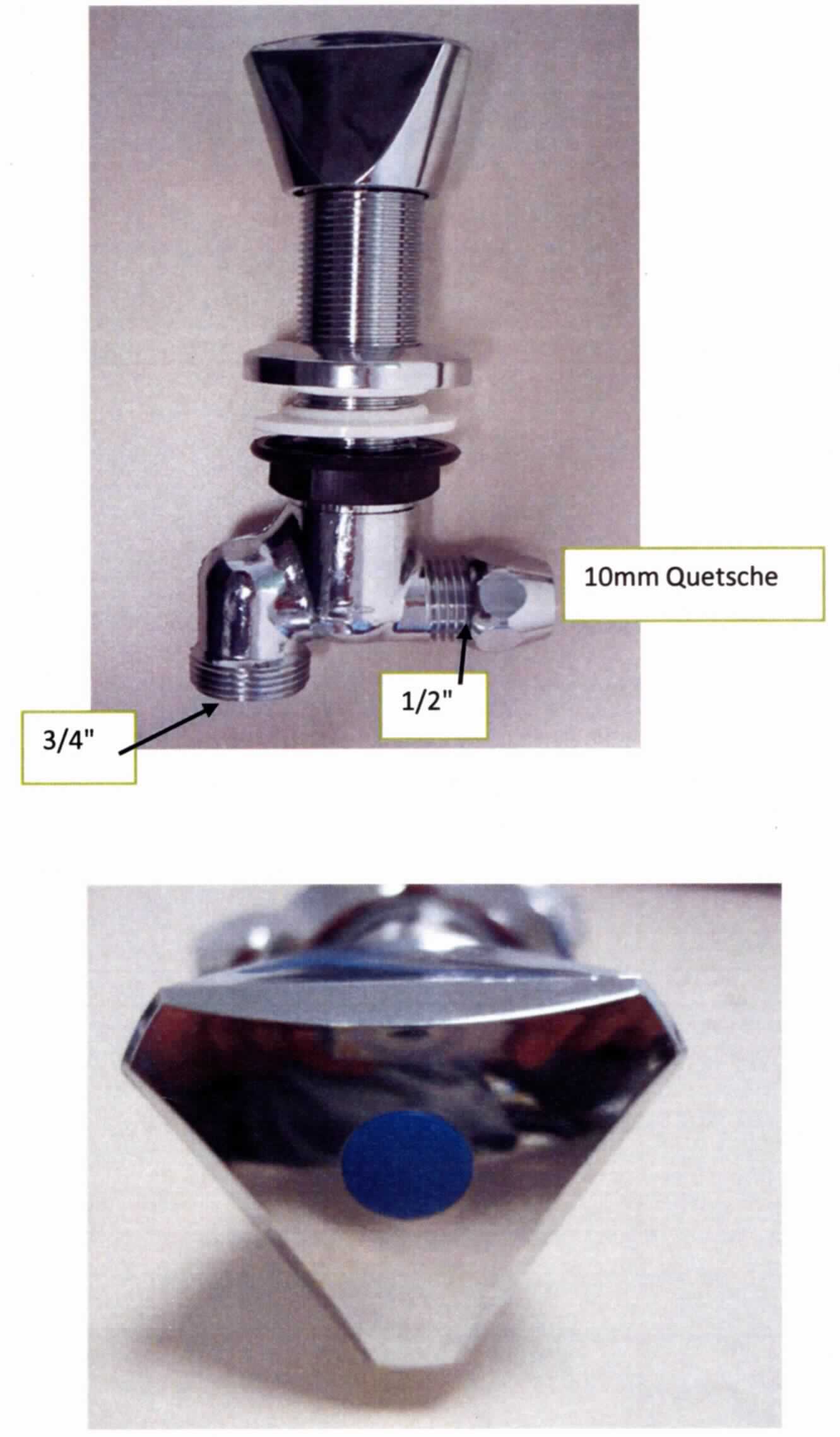 Handbetätigtes Ventil, sog. Untertischventil, aus verchromtem Messing, mit einem Drehgriff als Betätigungselement, einem Schlauchanschluss 3/4" nach unten und einem Wasseranschluss 3/8" seitlich mit Quetschverschraubung 10 mm, einem Verstellbereich von 50 mm sowie einem Rückflussverhinderer, zum Regulieren des Wasserduchflusses und zur Unterbindung eines eventuellen Rückflusses nach Anschluss an eine Waschmachine, etc.

Die Ware ist als "Armatur für Rohrleitungen, nicht von Unterpos. (KN) 8481 1005 bis 8481 8061 erfasst, Ventil, nicht aus Gusseisen oder Stahl, nicht für bestimmte Luftfahrzeuge, keine Magnetventilvorrichtung" einzureihen.
